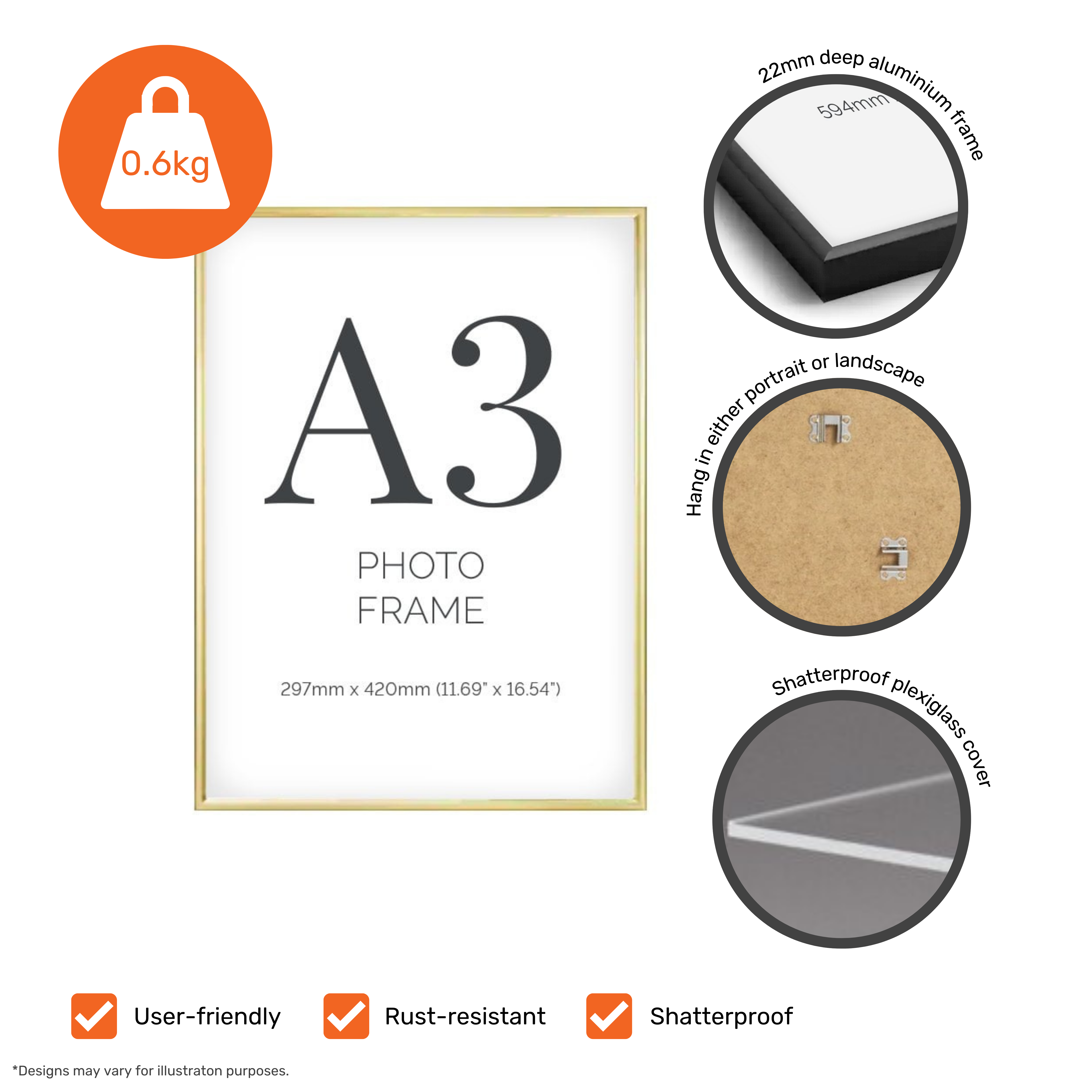 Pack of 12 A3 Gold Aluminium Certificate Poster Frames with Plexiglass Front For Portrait And Landscape Wall Hanging