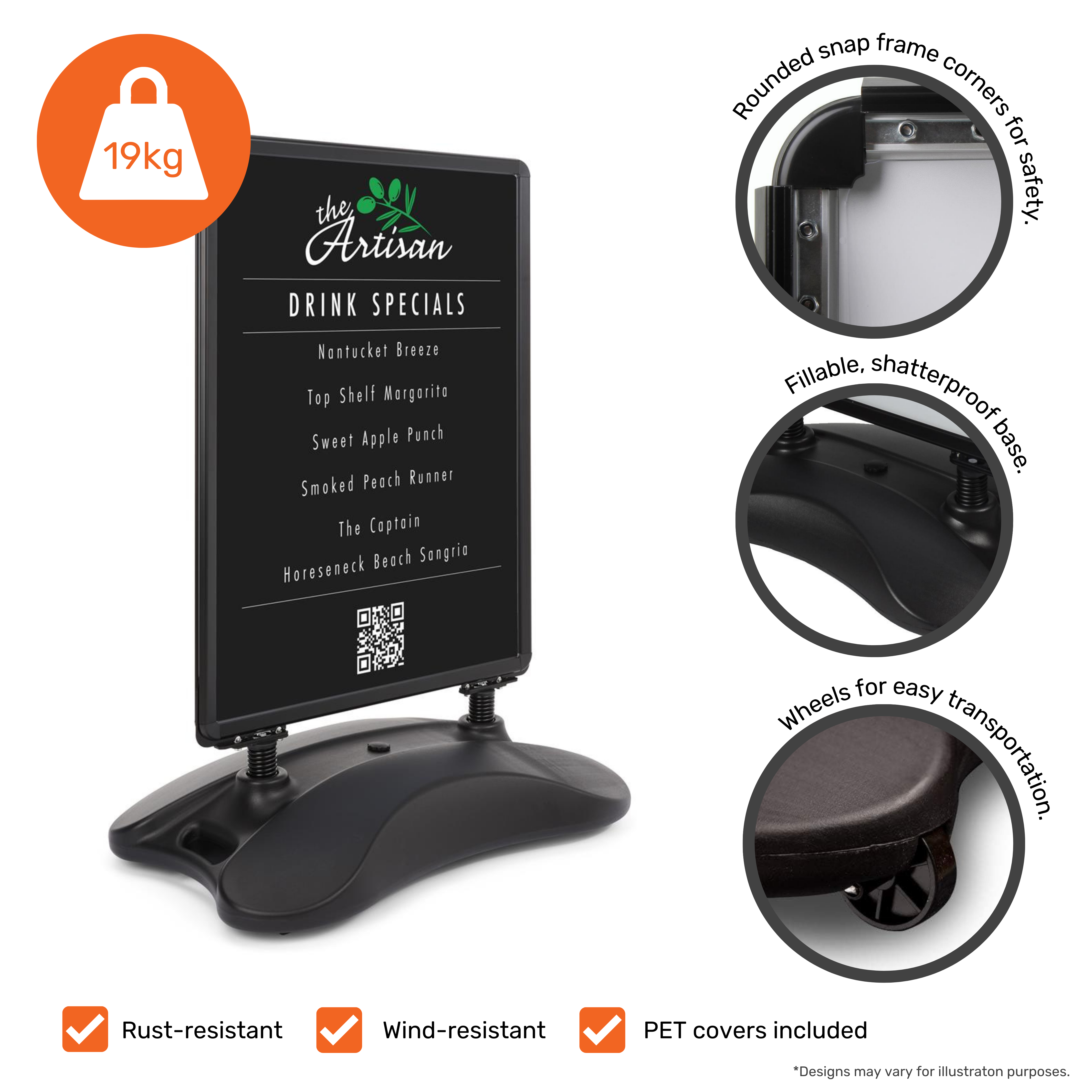 Budget A0 Black Wind Resistant Poster Heavy Duty Water Base Pavement Sign With Snap Frame Double Sided