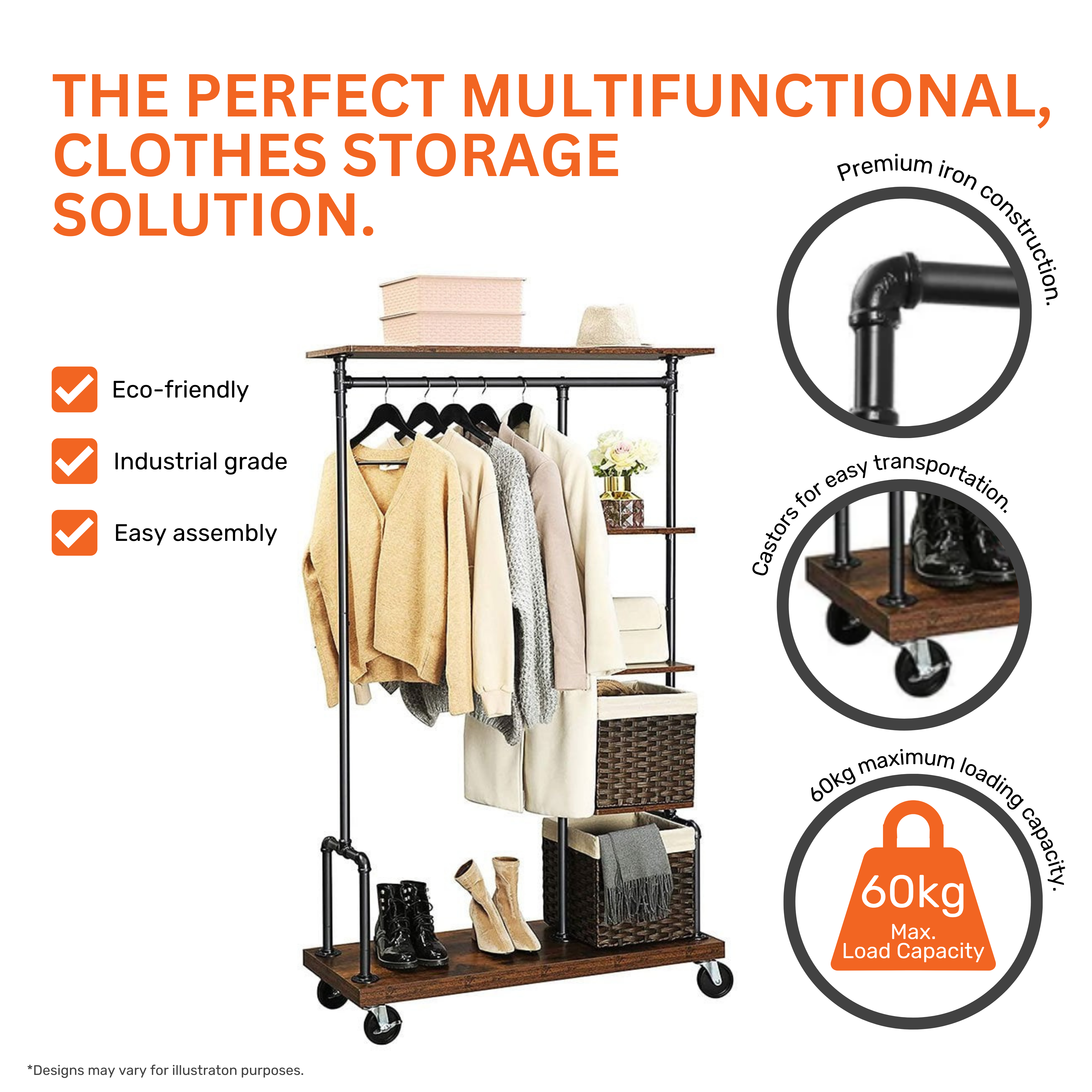 Industrial Style Clothes Rack with 5 Tiers with Lockable Castor Wheels Brown and Black Finish