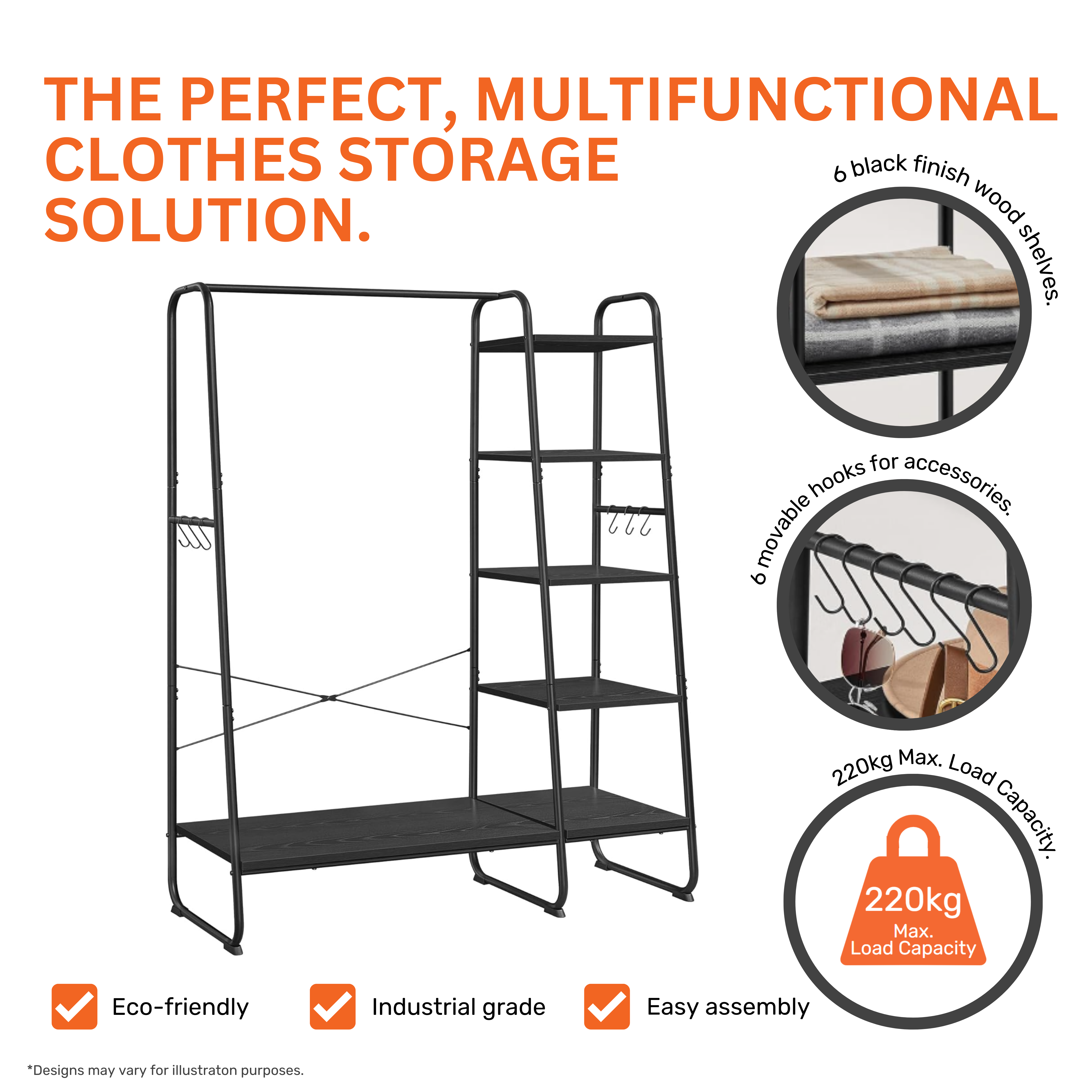 Black Steel Clothes Rail with 5 Tier Black Wood Shelving Unit