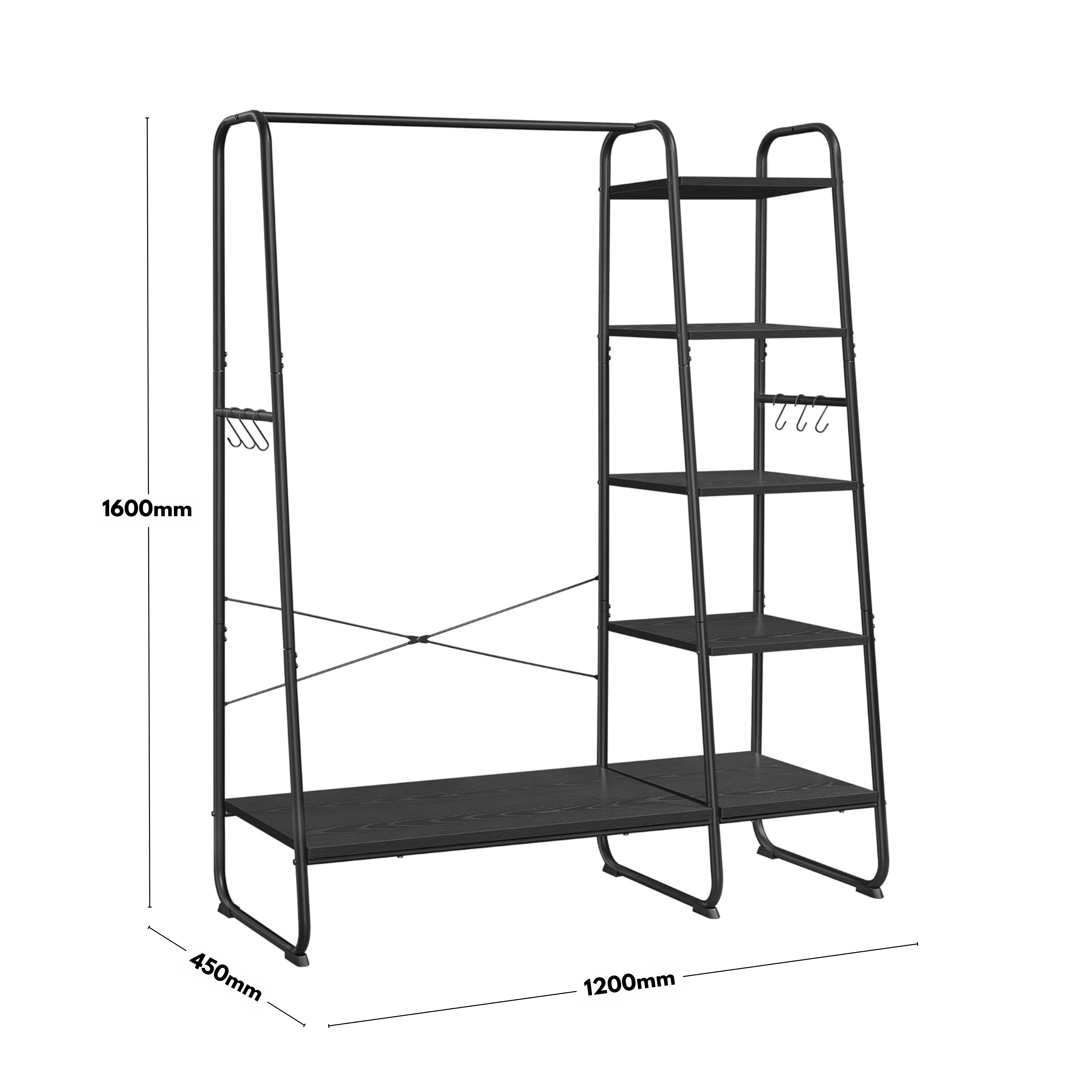 Black Steel Clothes Rail with 5 Tier Black Wood Shelving Unit