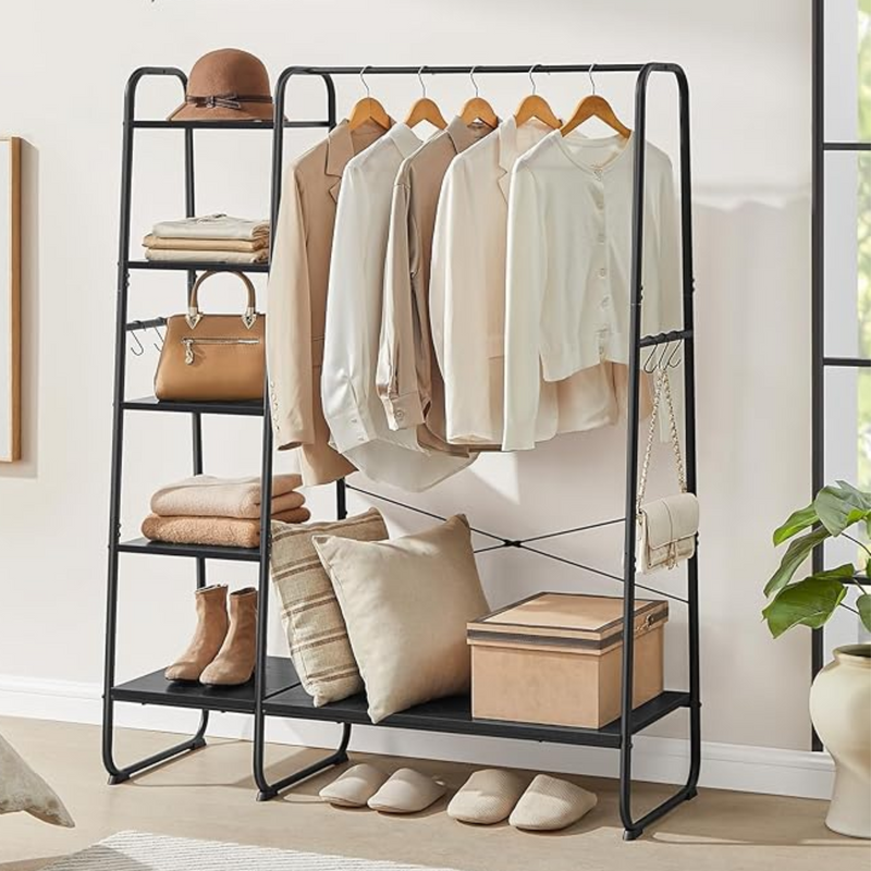 Black Steel Clothes Rail with 5 Tier Black Wood Shelving Unit