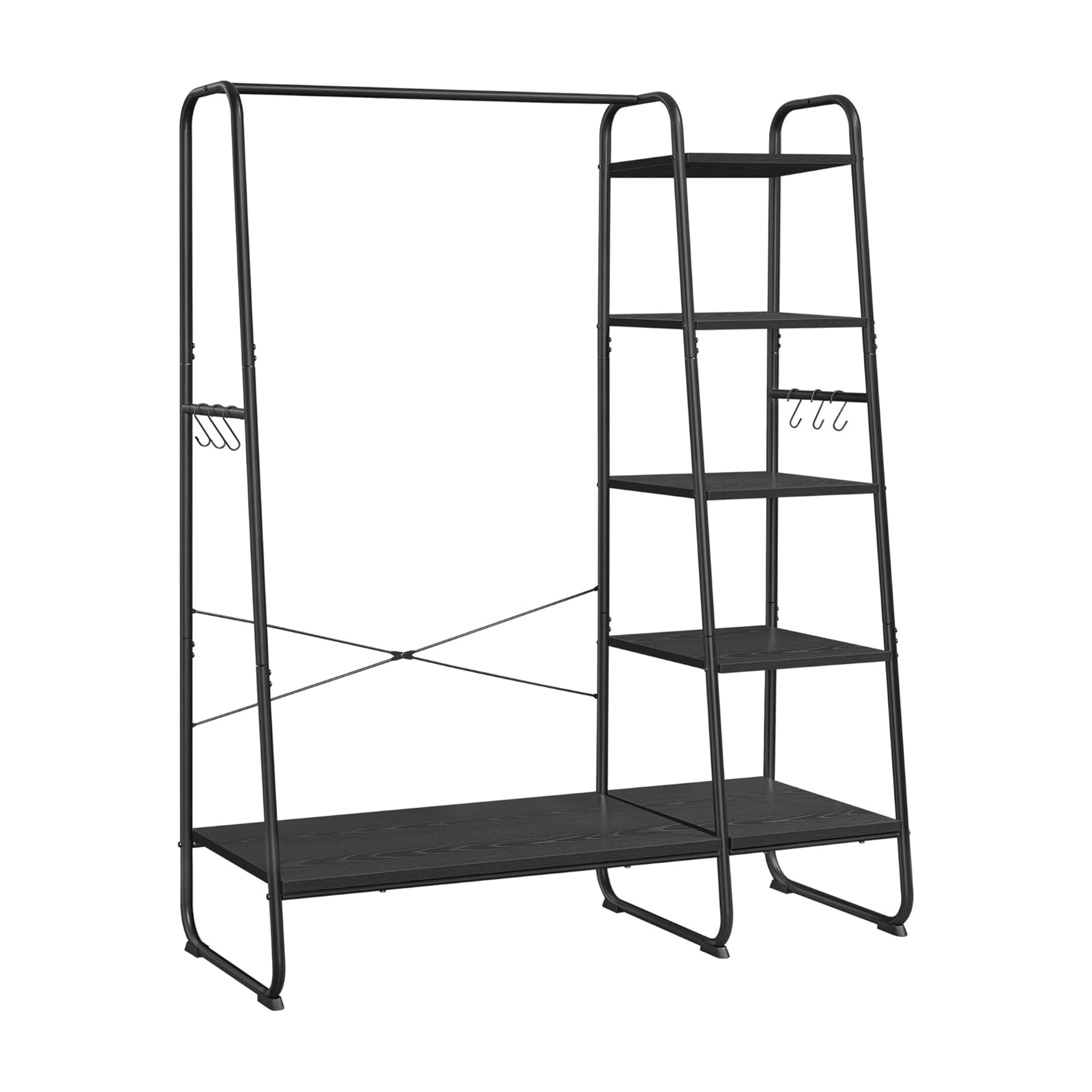 Black Steel Clothes Rail with 5 Tier Black Wood Shelving Unit