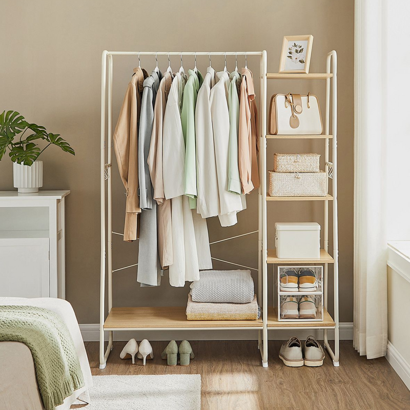 White Steel Clothes Rail with 5 Tier Light Wood Shelving Unit and Hooks