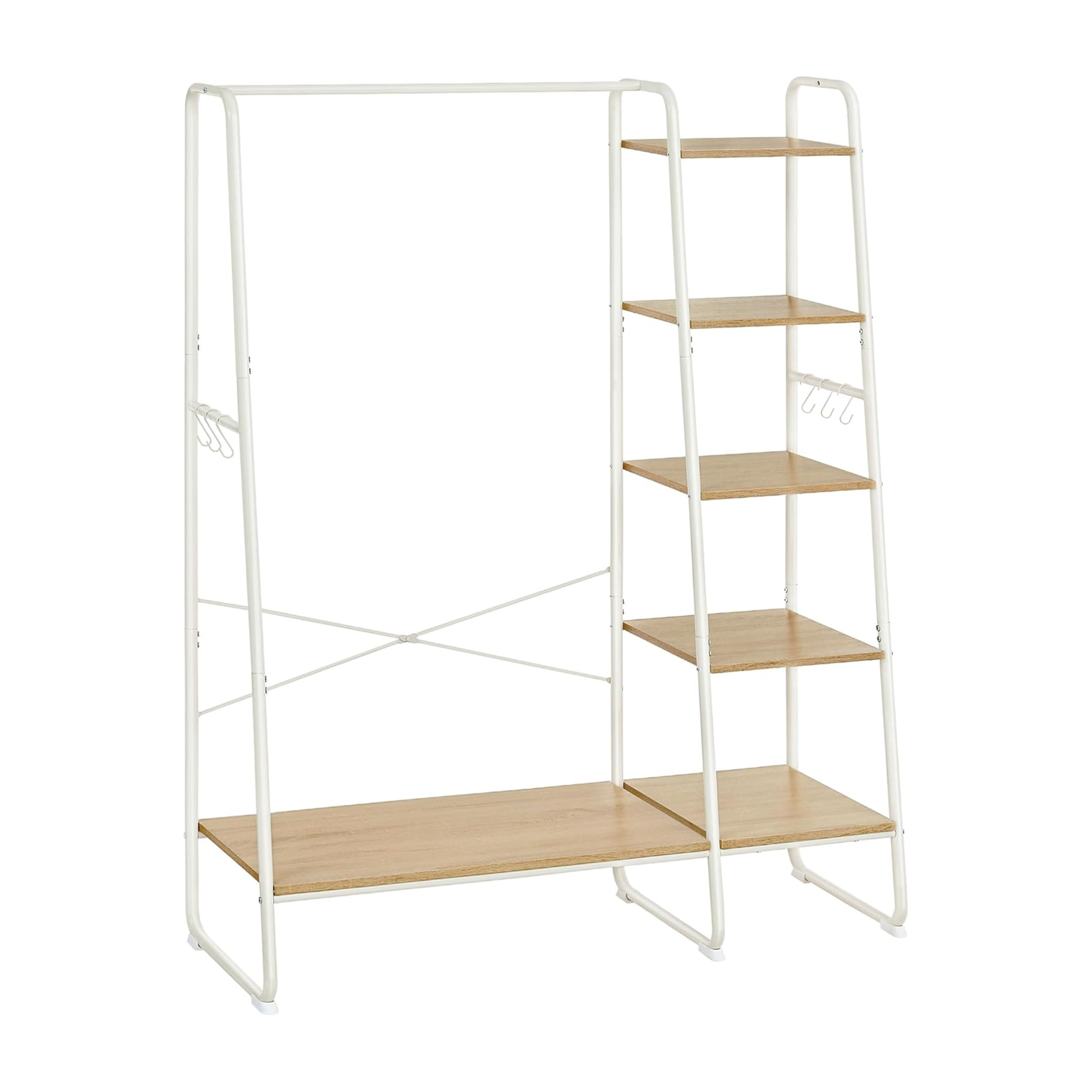 White Steel Clothes Rail with 5 Tier Light Wood Shelving Unit and Hooks