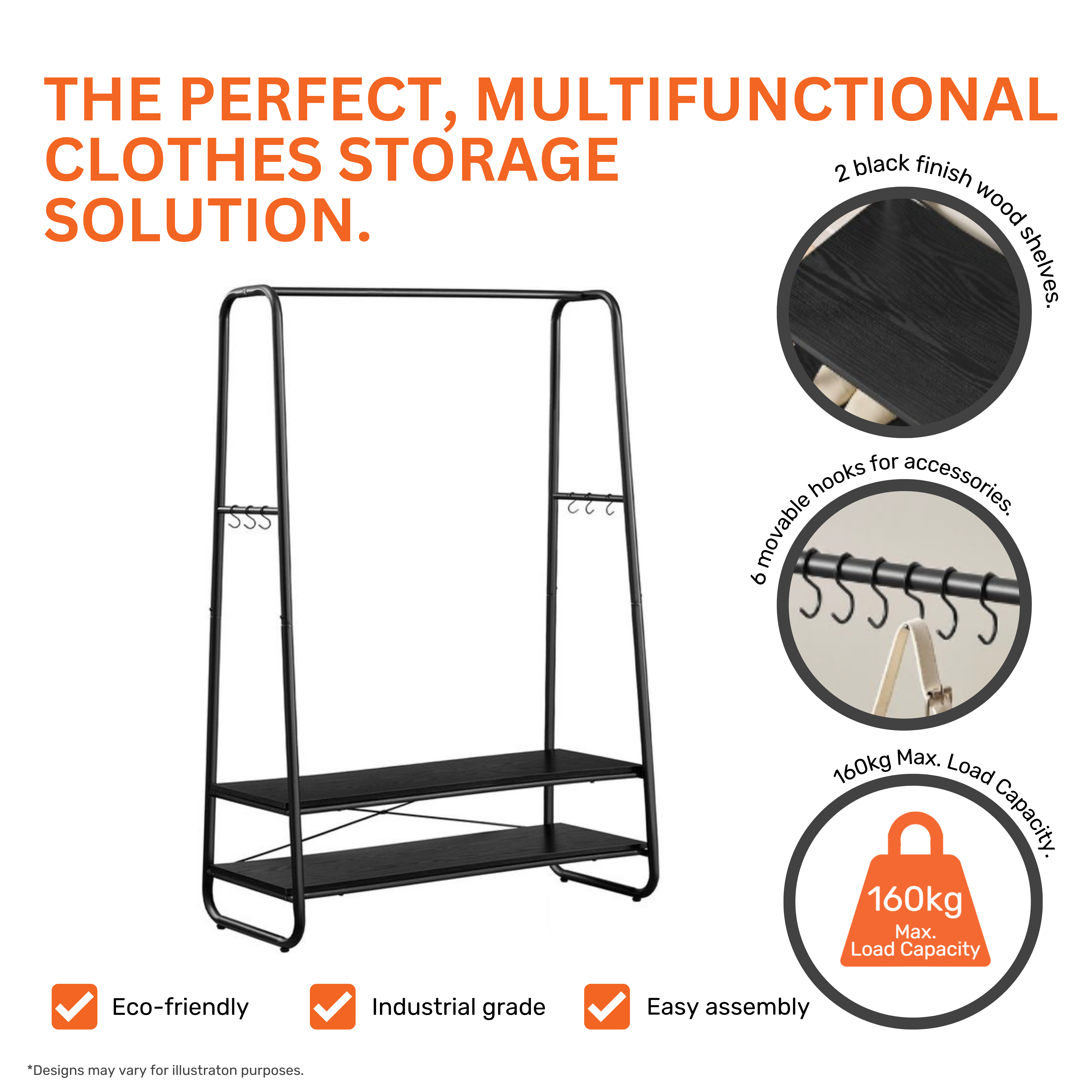 Black Steel Clothes Rail with Black Wooden Shelves and Hooks