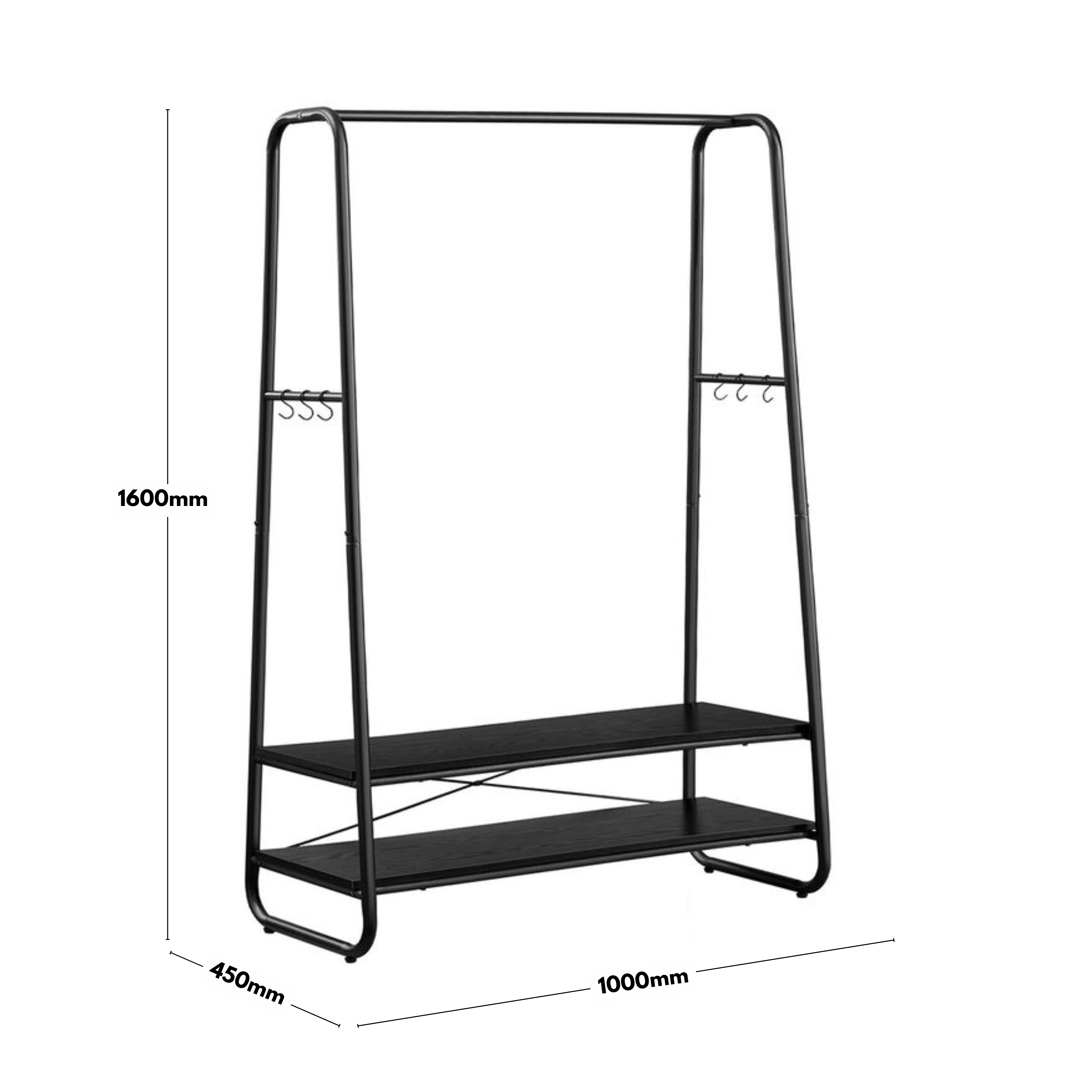 Black Steel Clothes Rail with Black Wooden Shelves and Hooks