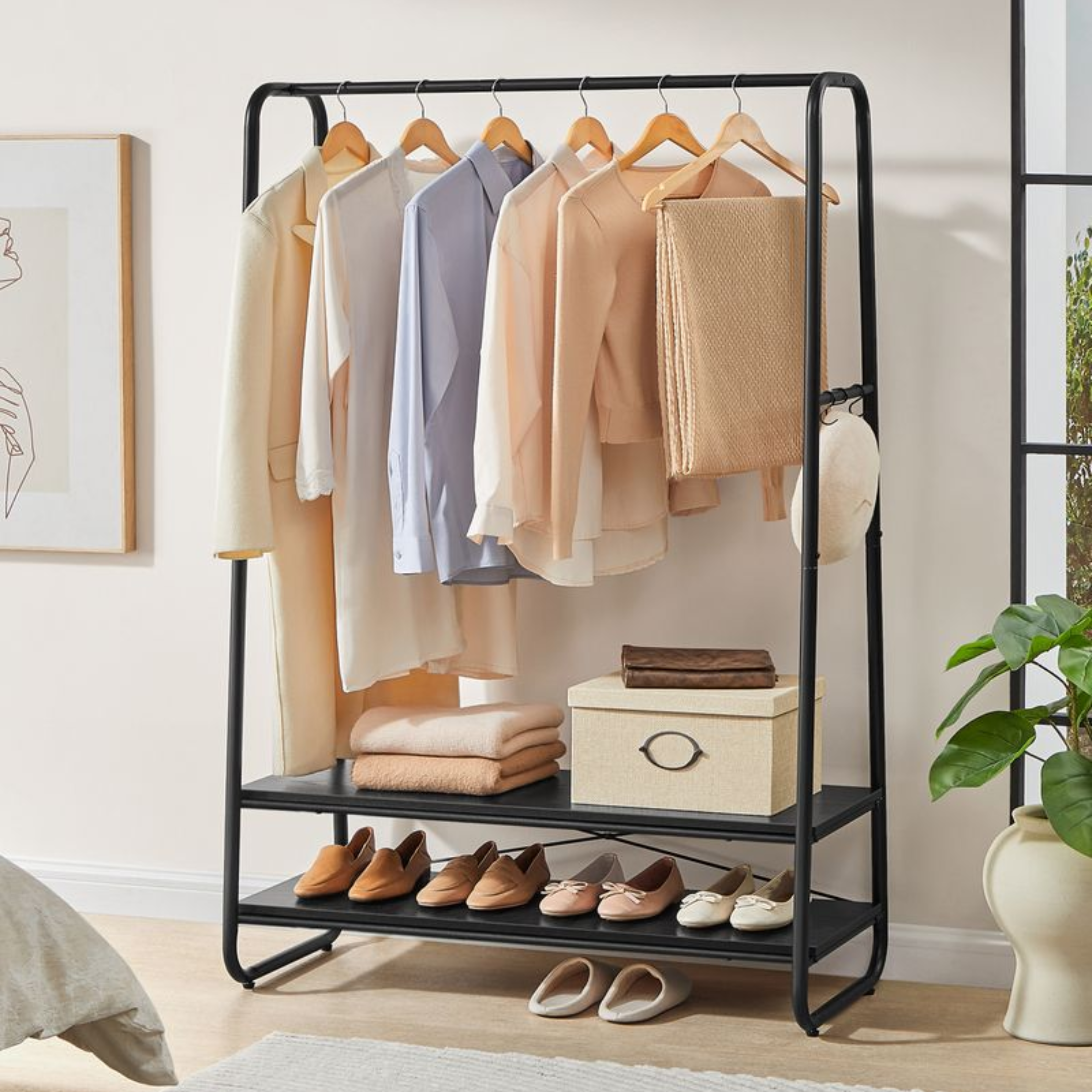 Black Steel Clothes Rail with Black Wooden Shelves and Hooks