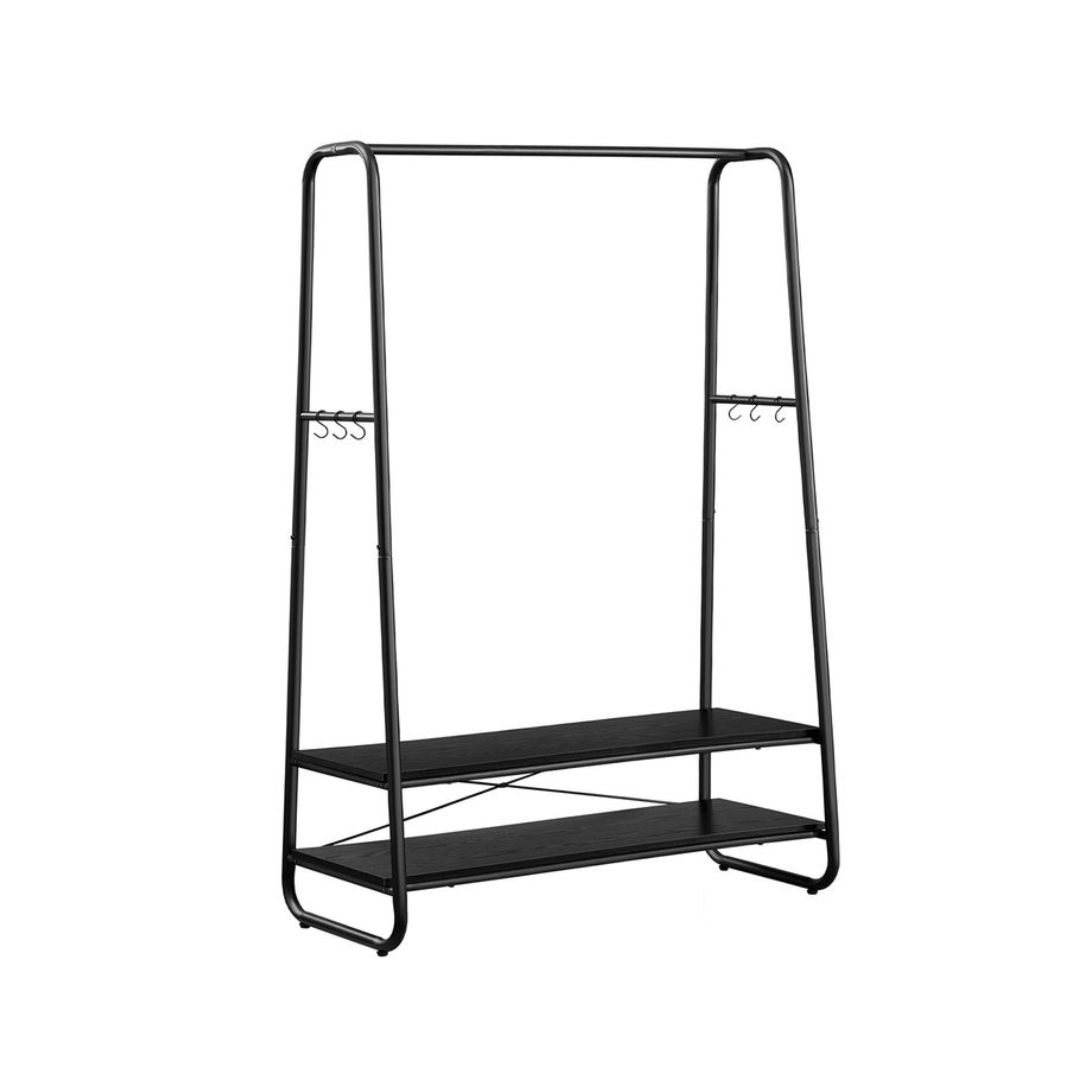 Black Steel Clothes Rail with Black Wooden Shelves and Hooks