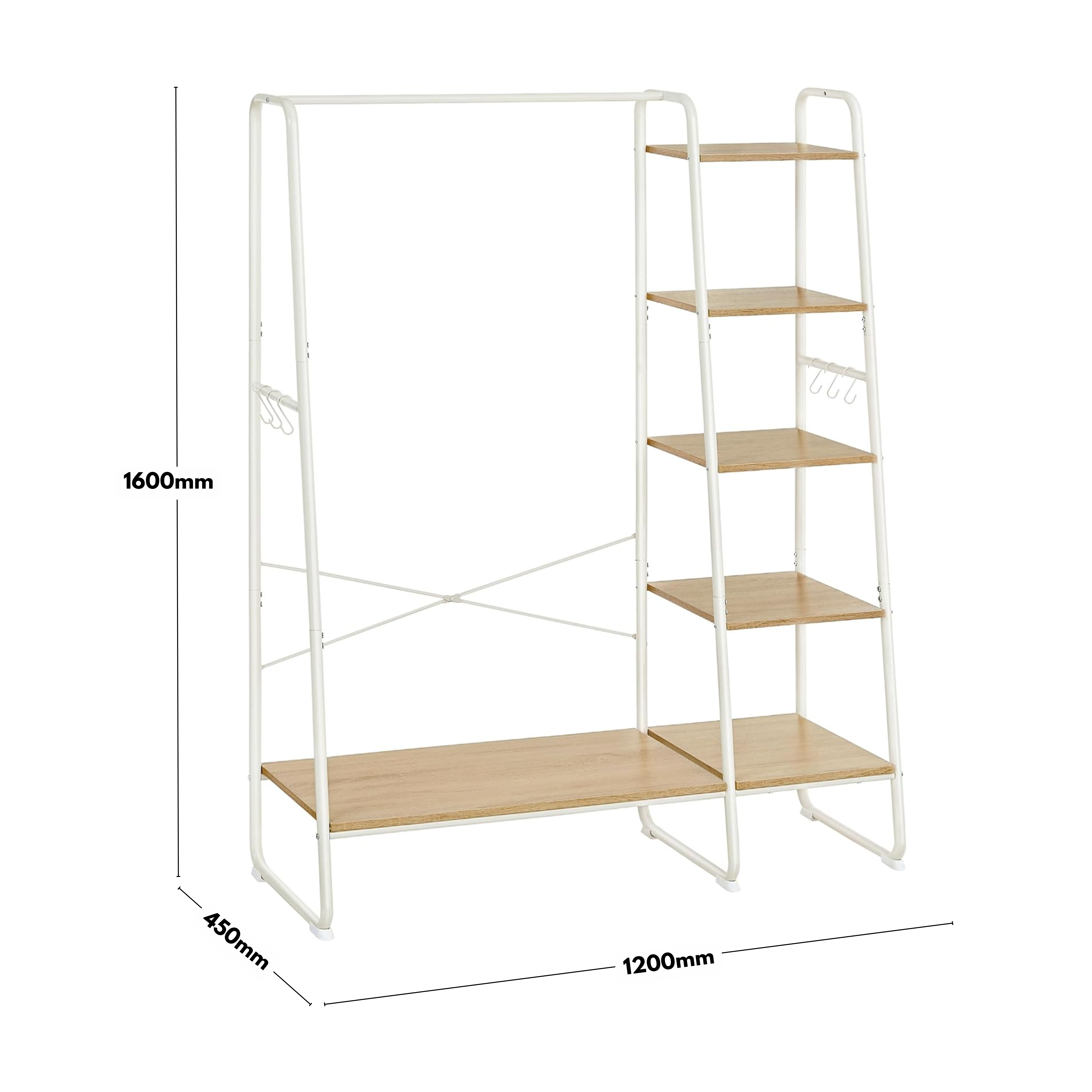 White Steel Clothes Rail with 5 Tier Light Wood Shelving Unit and Hooks