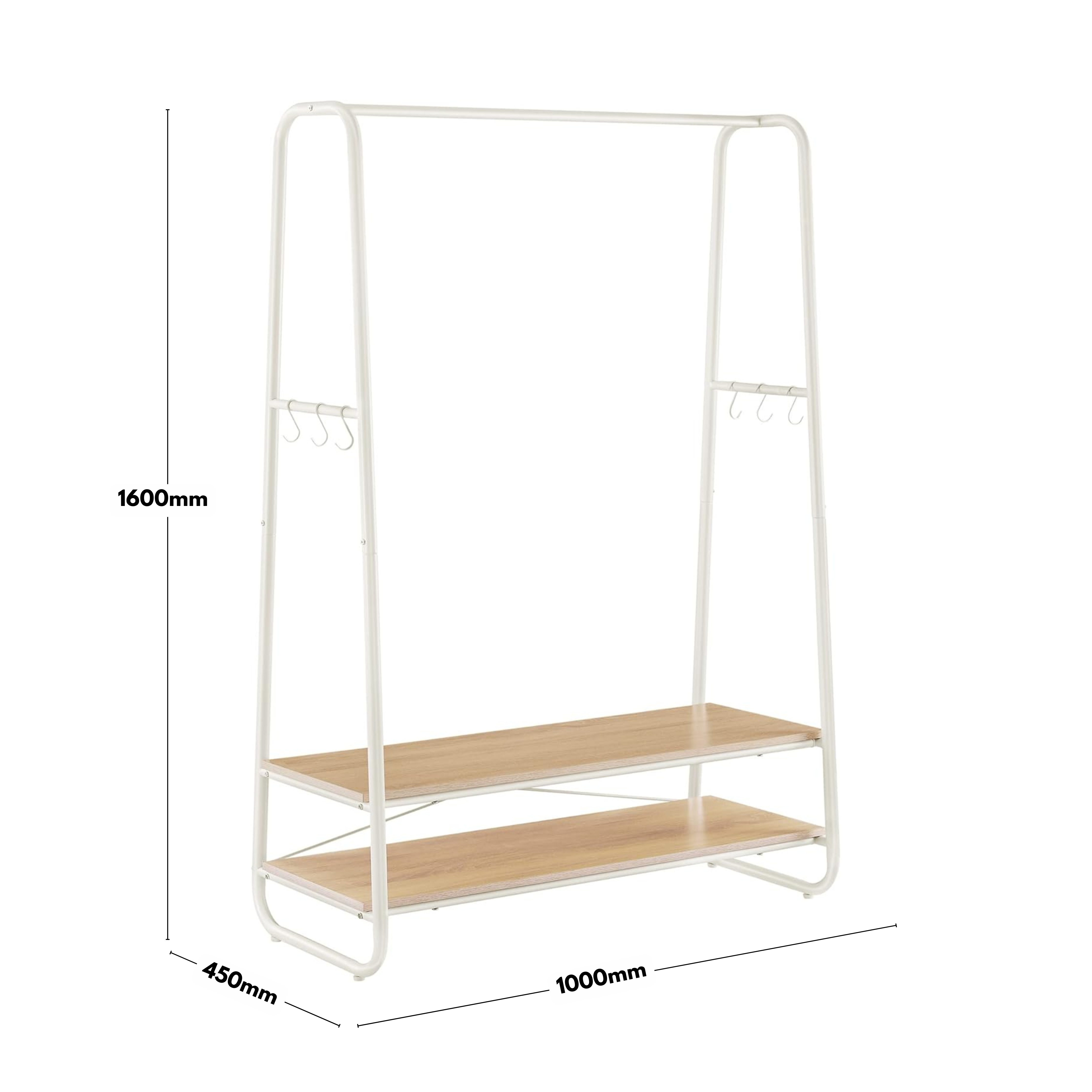 White Steel Clothes Rail with Light Wooden Shelves and Hooks