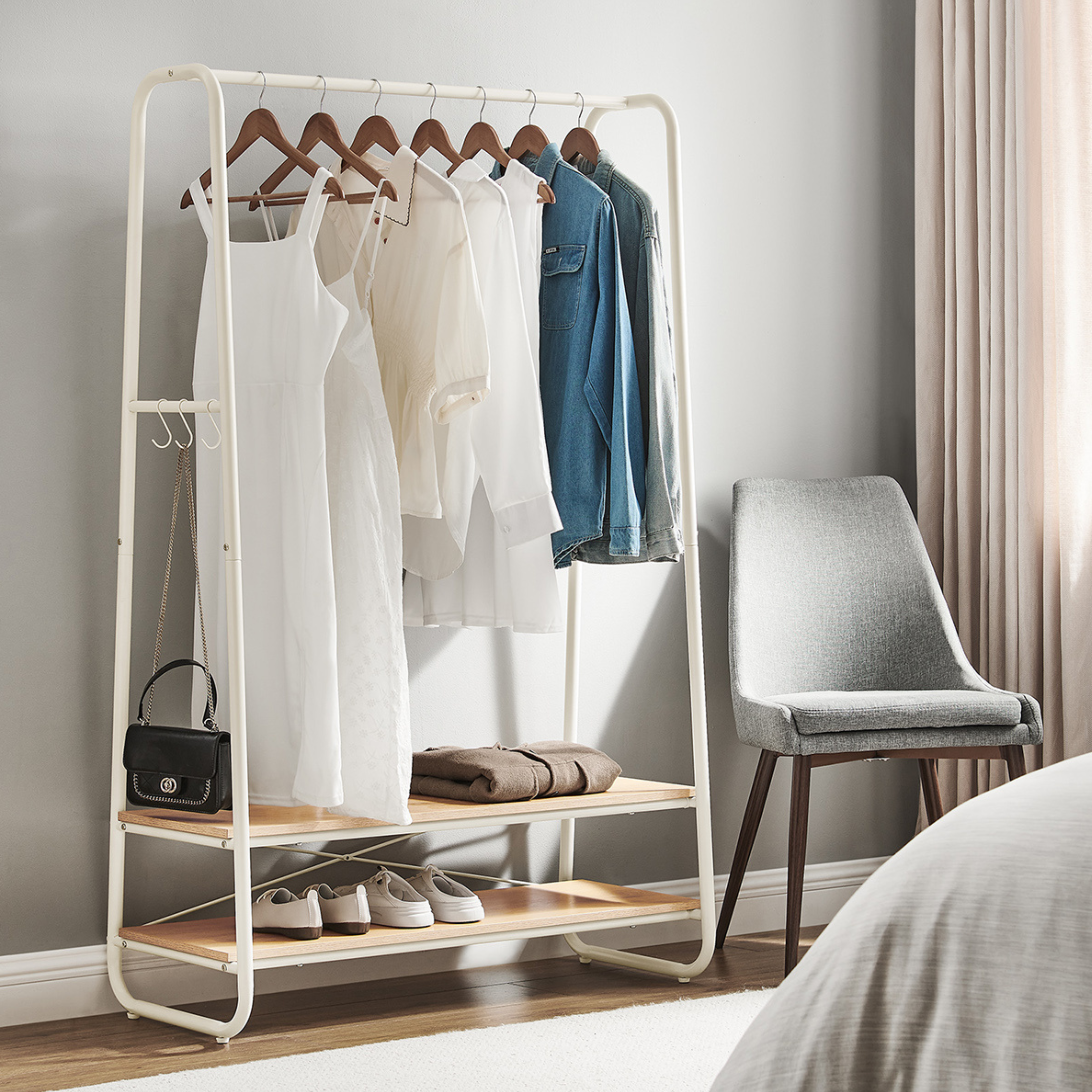 White Steel Clothes Rail with Light Wooden Shelves and Hooks