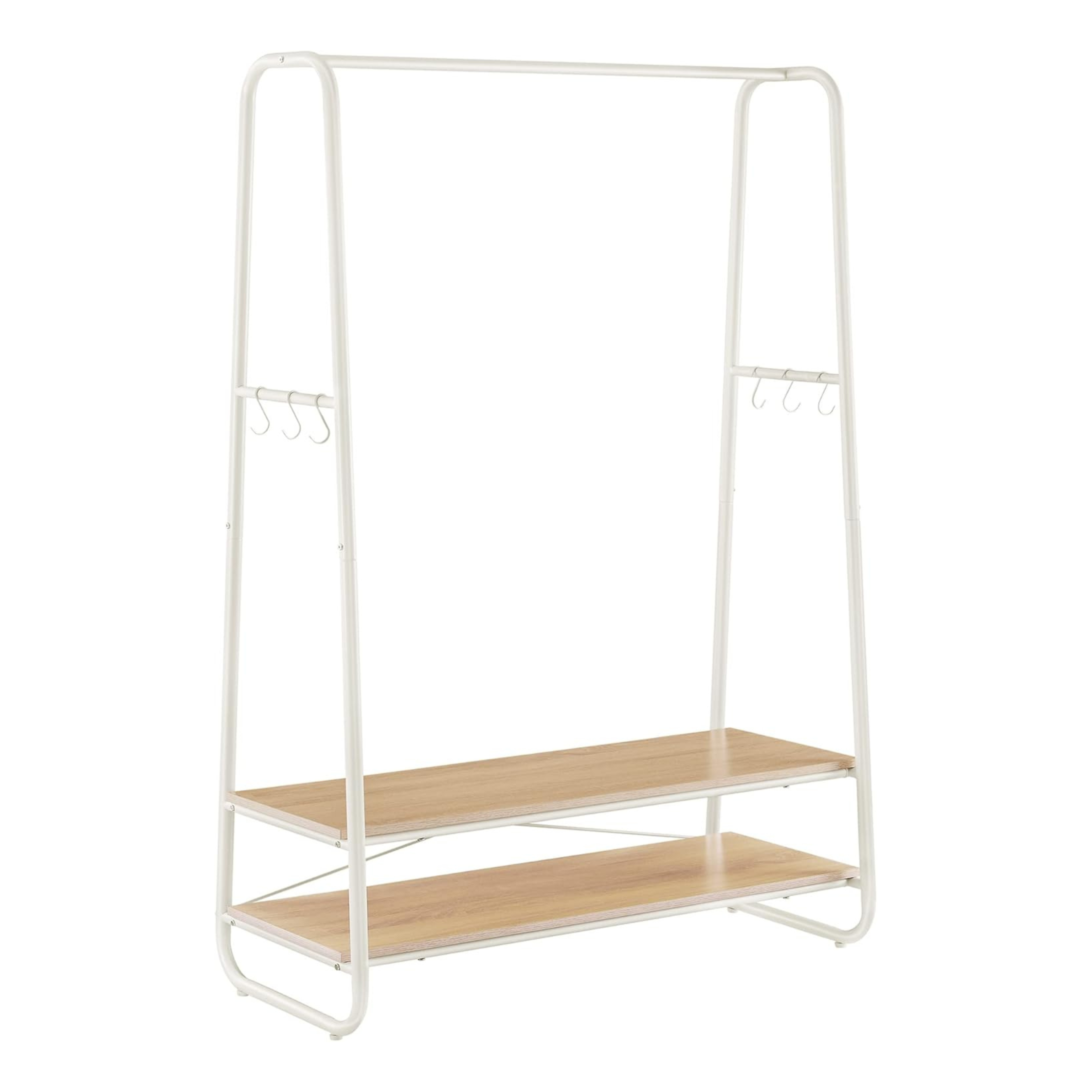 White Steel Clothes Rail with Light Wooden Shelves and Hooks