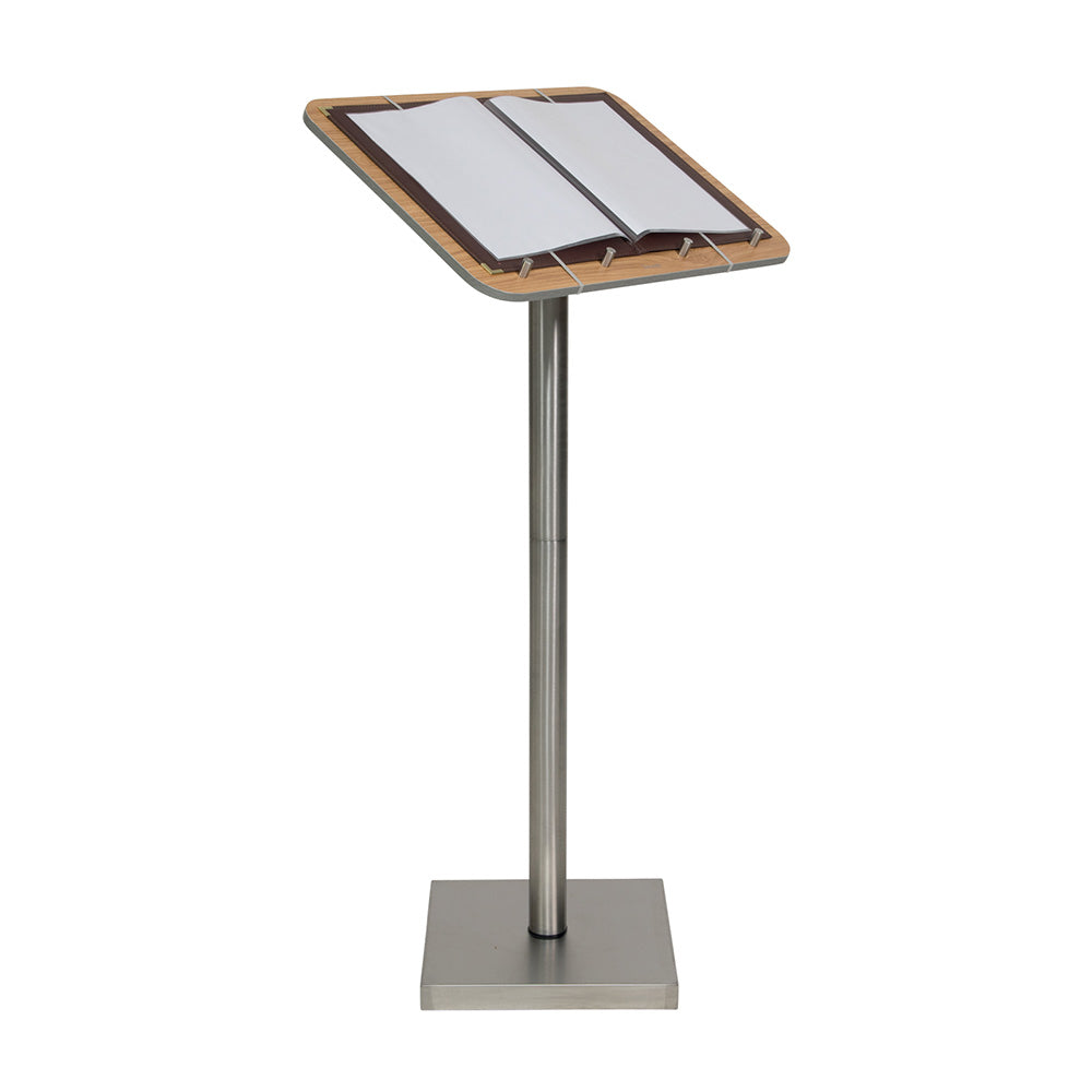 Floor Standing Stainless Steel and Teak Restaurant Menu Display Stand