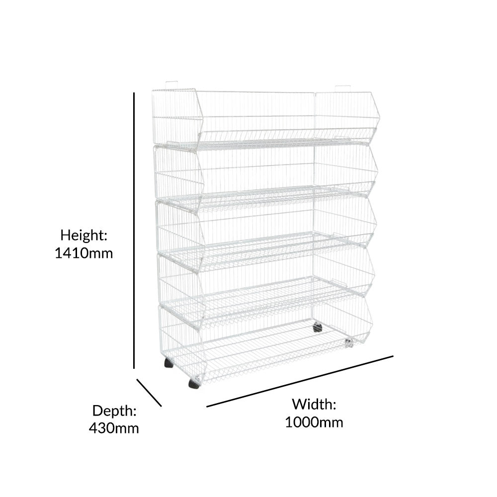 Pack of 2 White 5-Tier Collapsible Rust-Resistant Steel Stacking Basket Unit with Detachable Castors - 1000mm Wide x 1410mm High x 430mm Deep