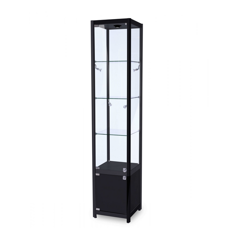 Black Aluminium Lockable Glass Storage Display Cabinet with 3 Adjustable Shelves & 9 LED Lights 1800mm High x 400mm Wide