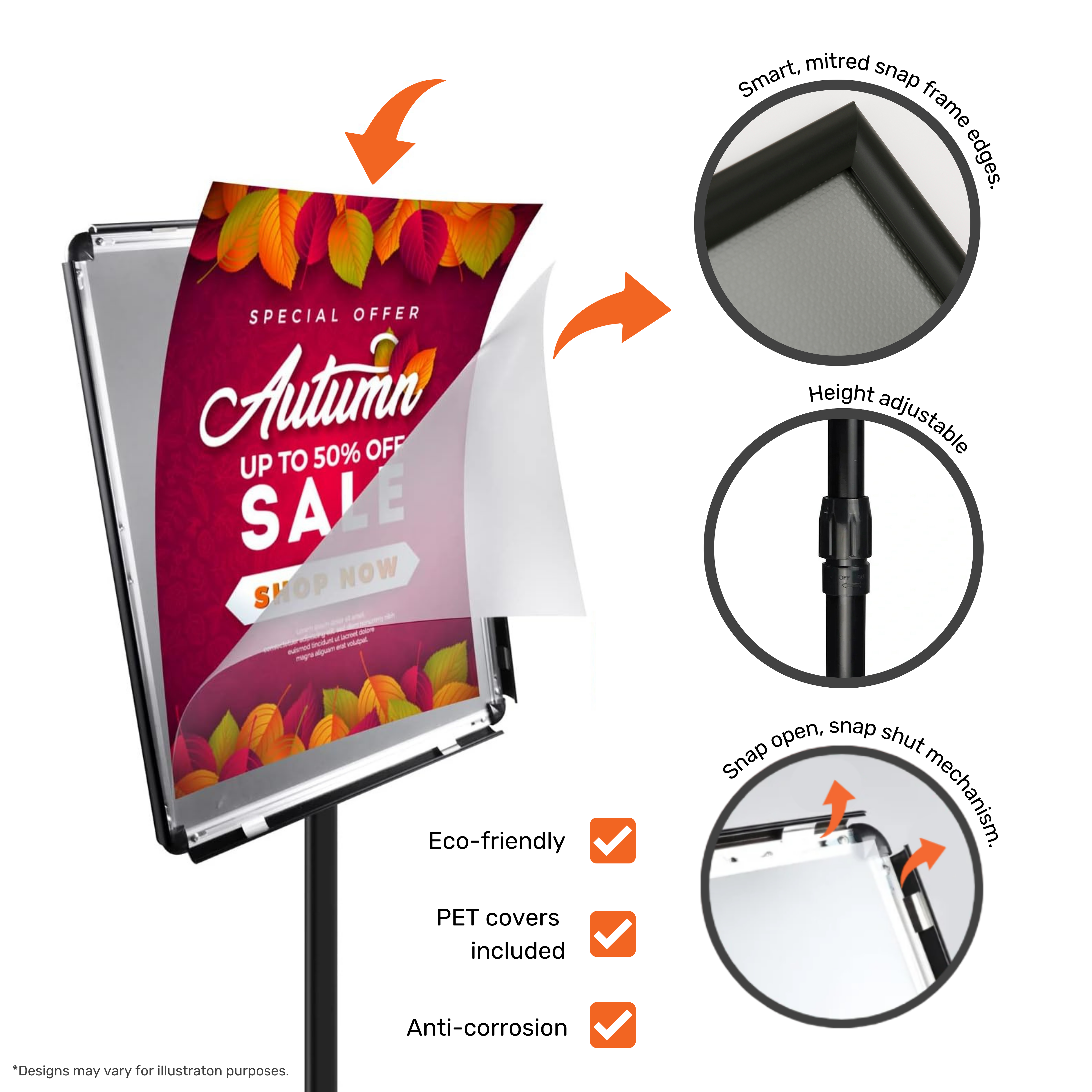 Floor Standing 360 Rotation Black A3 Mitred Snap Frame Poster Display Stand With Square Base