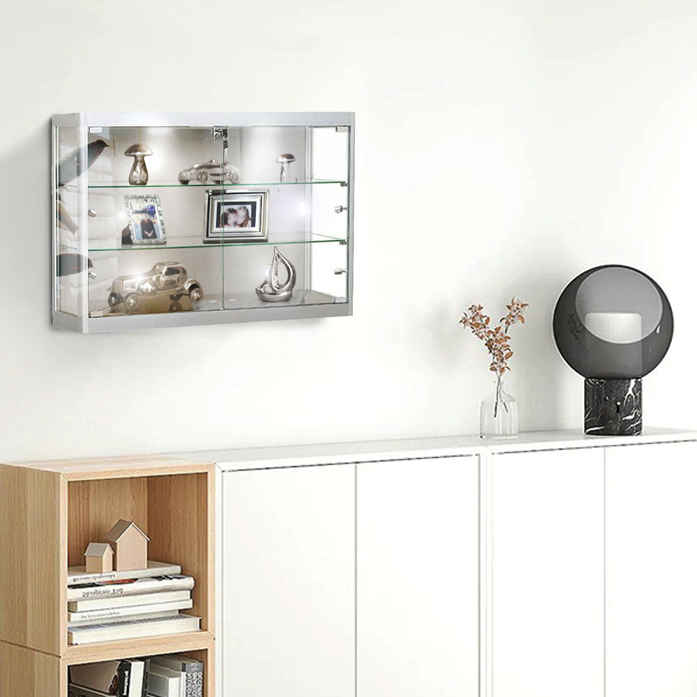 Silver Aluminium Wall Mounted Glass Display Cabinet Lockable with 2 Adjustable Shelves and 6 Spotlights - 1000mm