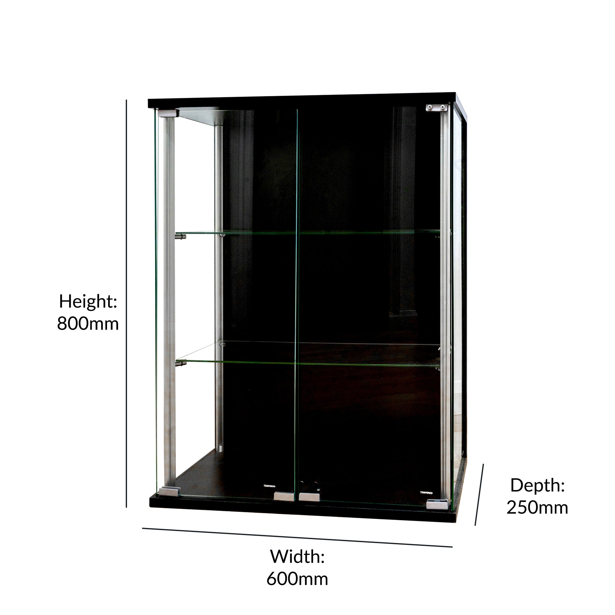 Black Wall Mounted Double Door Display Cabinet with 2 Adjustable Shelves 600mm Wide