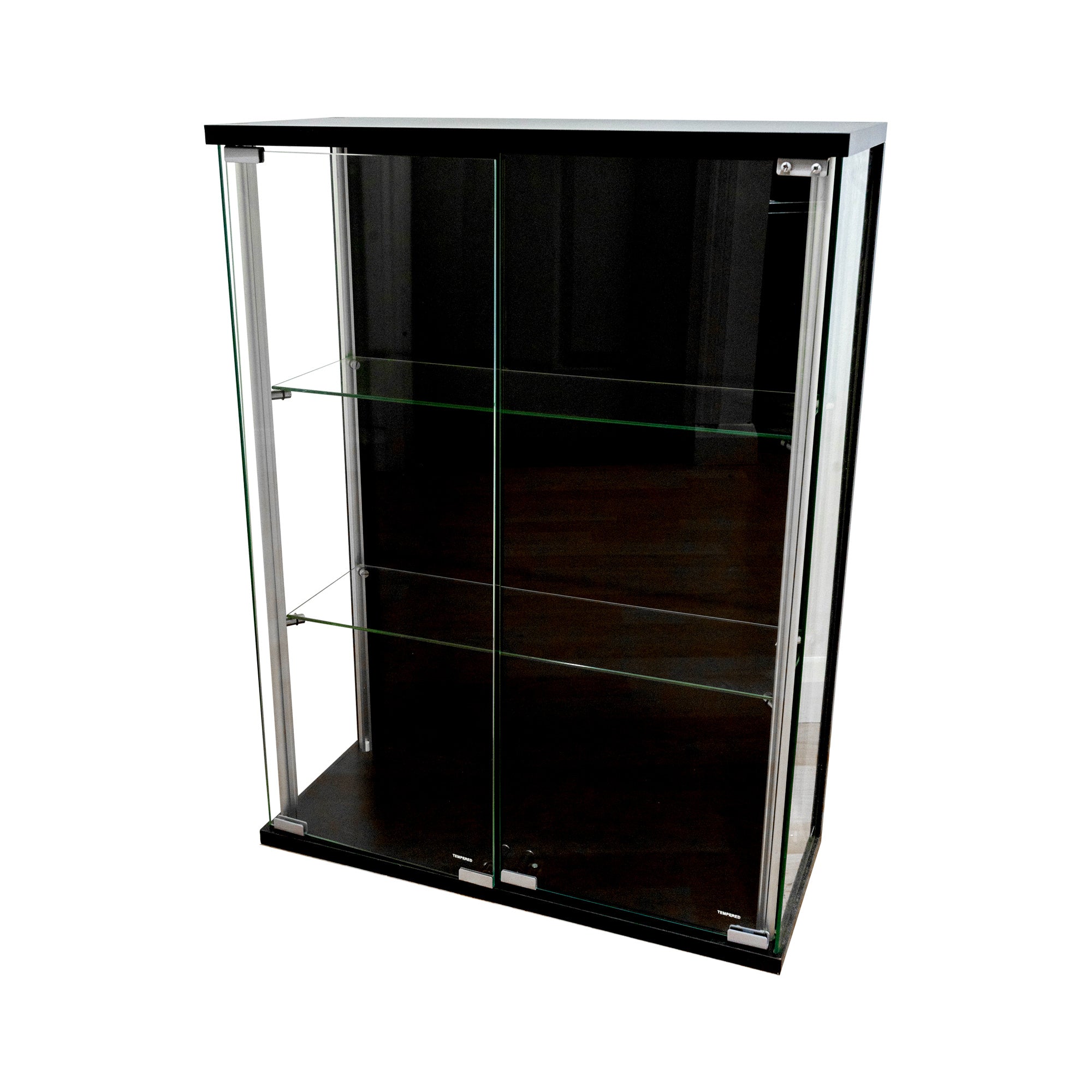 Black Wall Mounted Double Door Display Cabinet with 2 Adjustable Shelves 600mm Wide