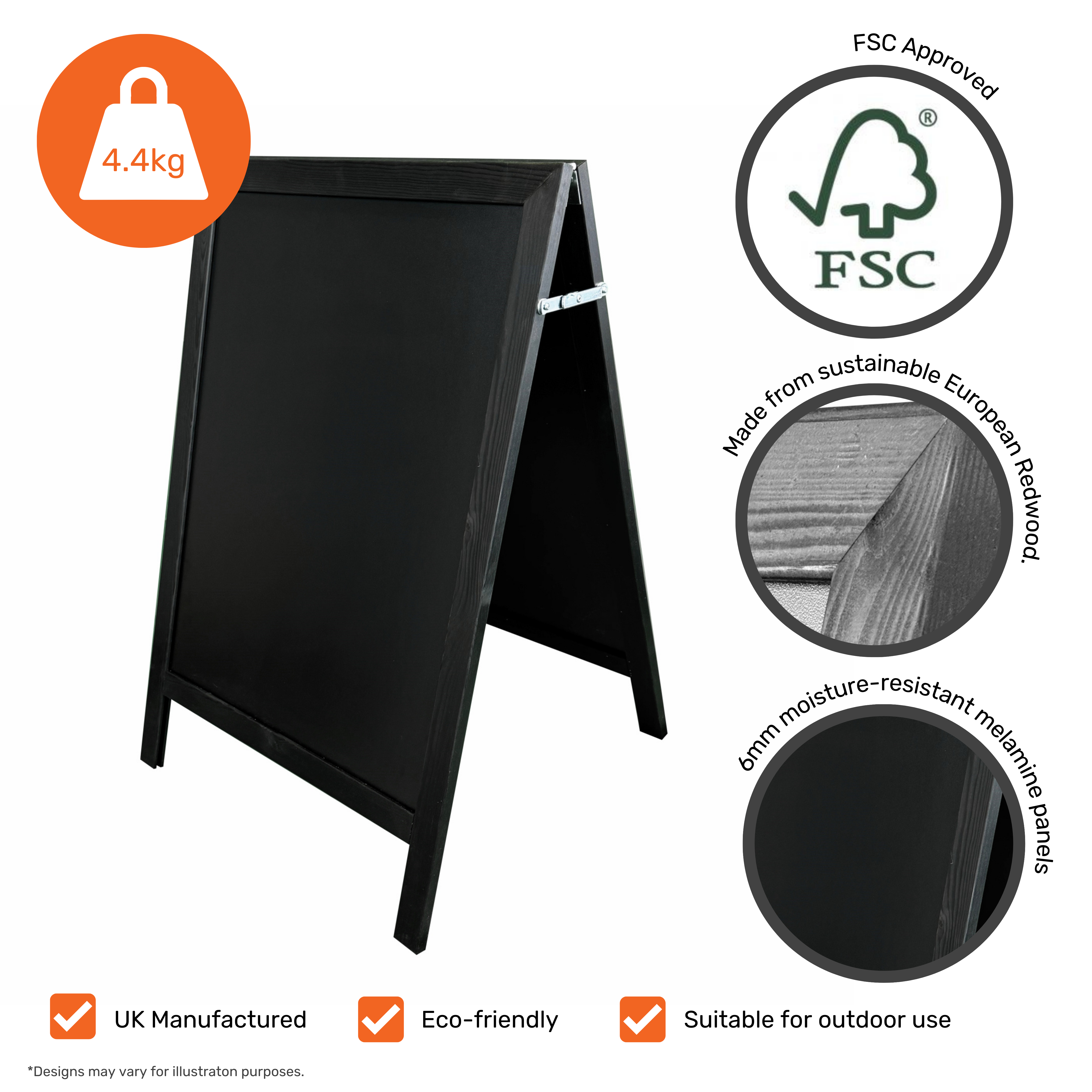 Black Wooden Outdoor Chalk A-Board Pavement Sign - 460 x 800mm