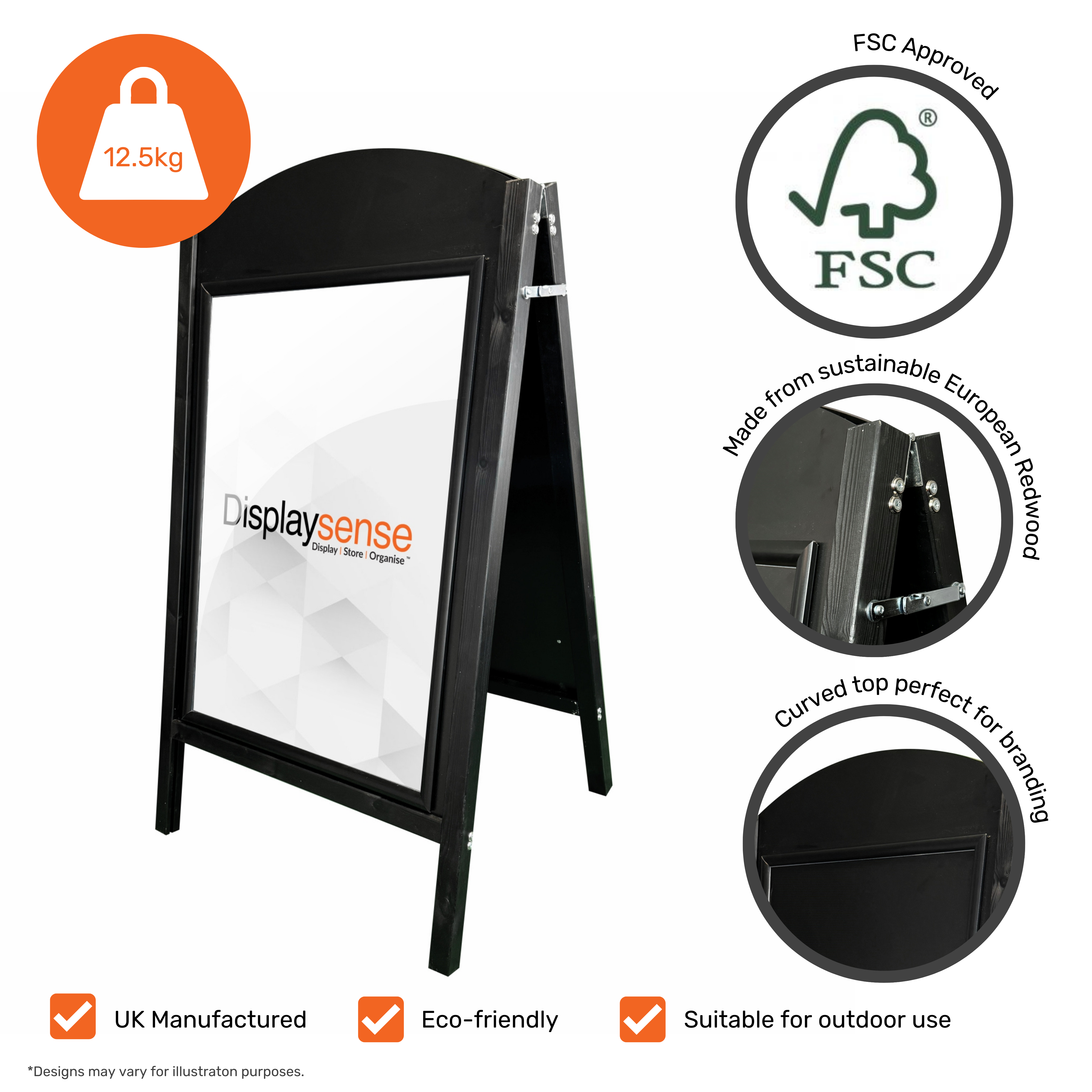 Black Curved Wooden A1 Chalkboard and Snap Frame A-Board Pavement Sign