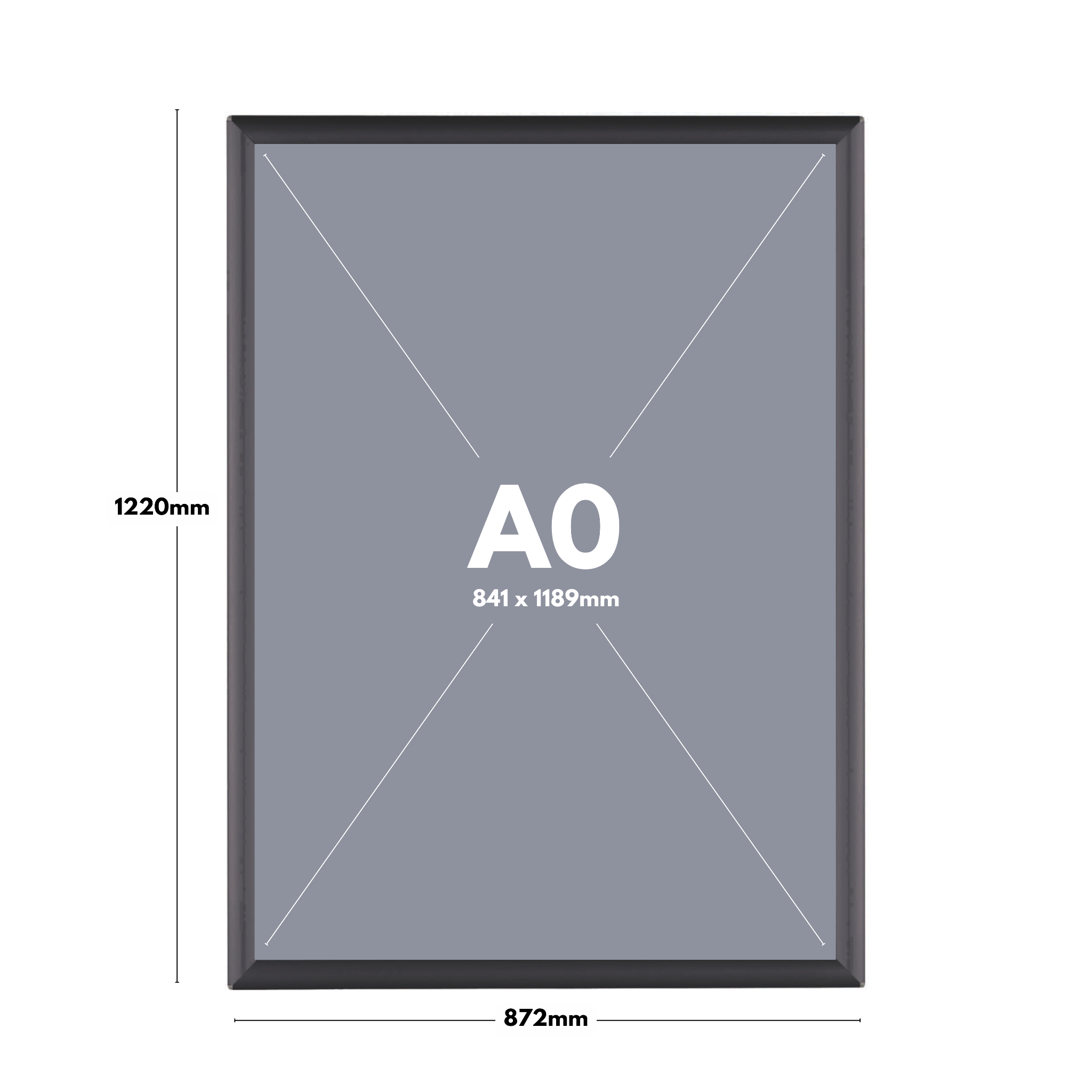 A0 black poster snap frame with a sleek 25mm mitred frame design, supplied with wall fixings for secure mounting.
