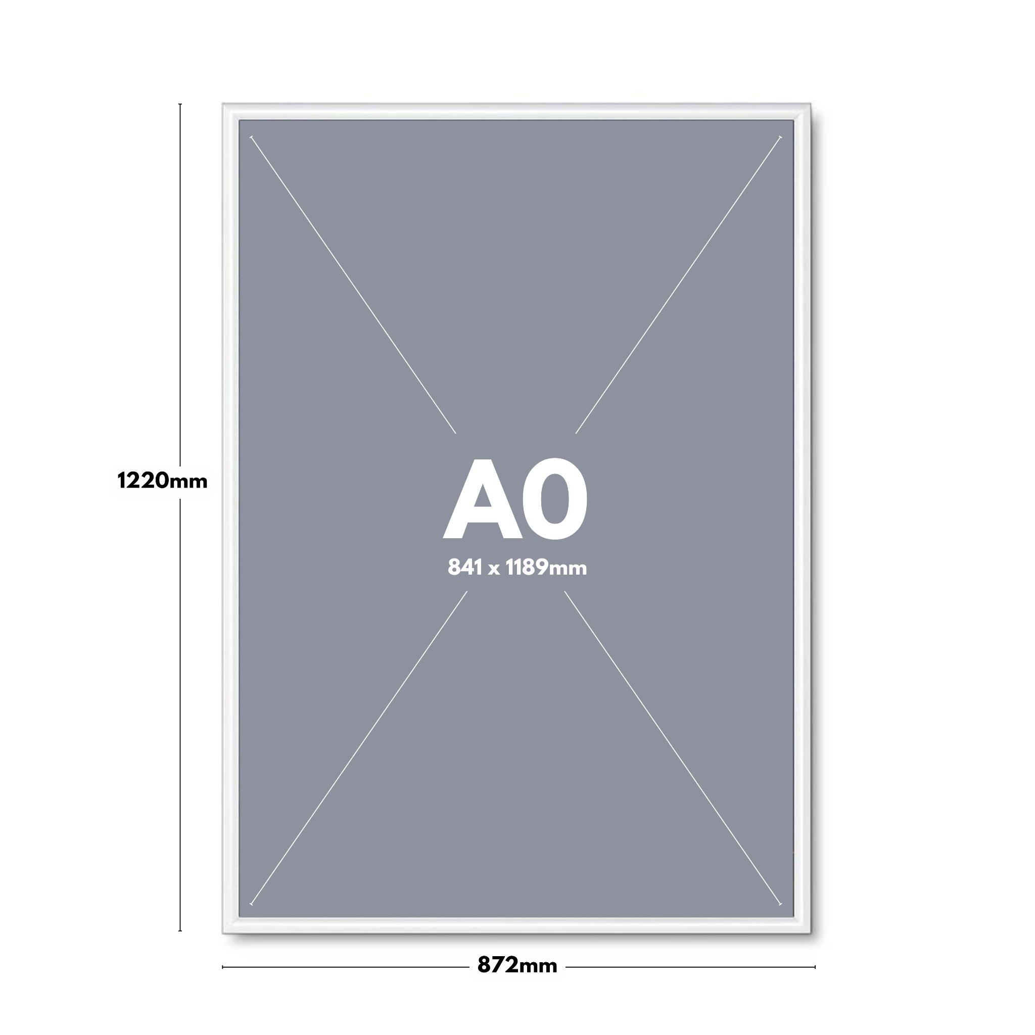 Modern A0 poster snap frame in white, featuring a 25mm mitred frame and wall mounting accessories.
