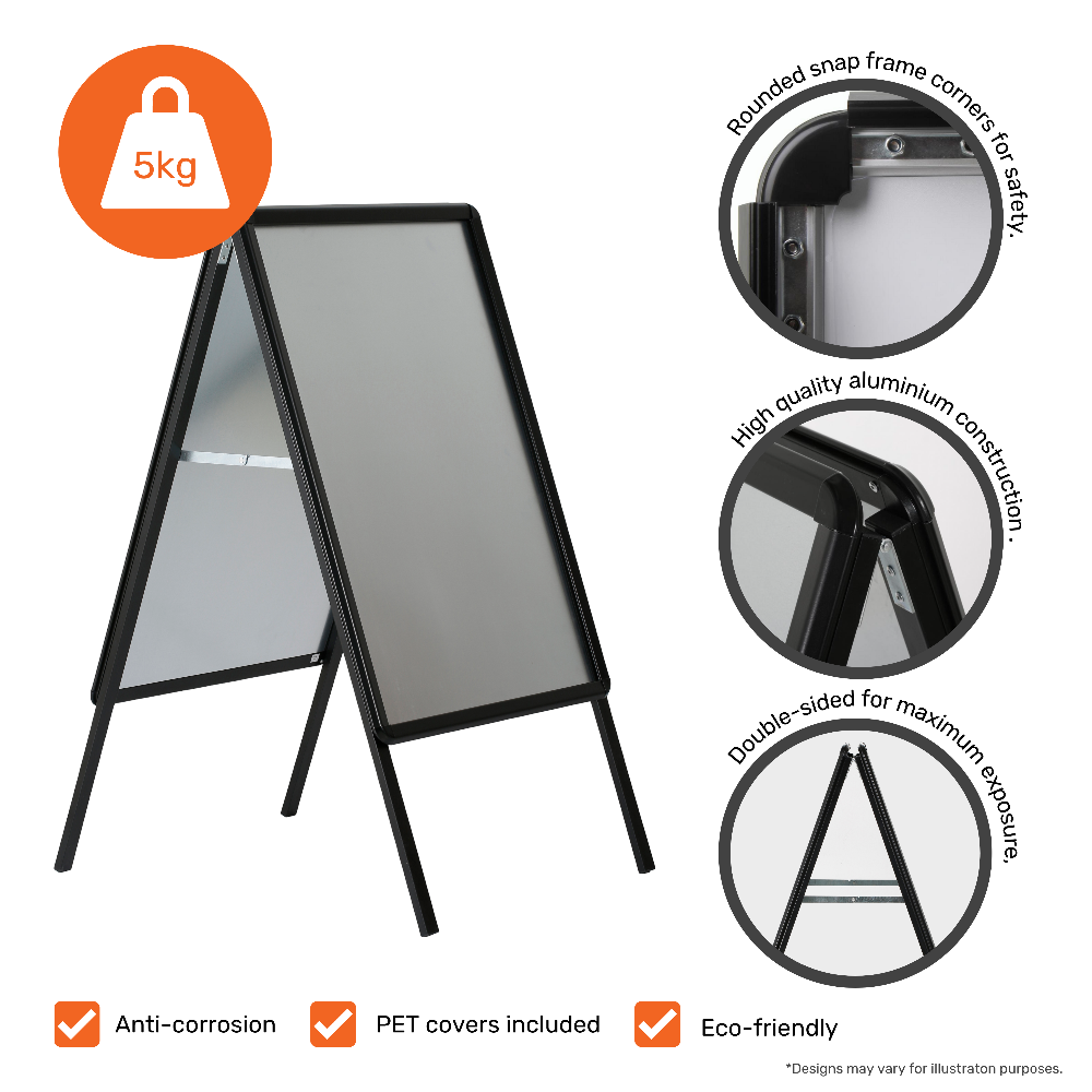 Weather-resistant A1  A-frame pavement sign with double-sided poster display, great for businesses and retail spaces.
