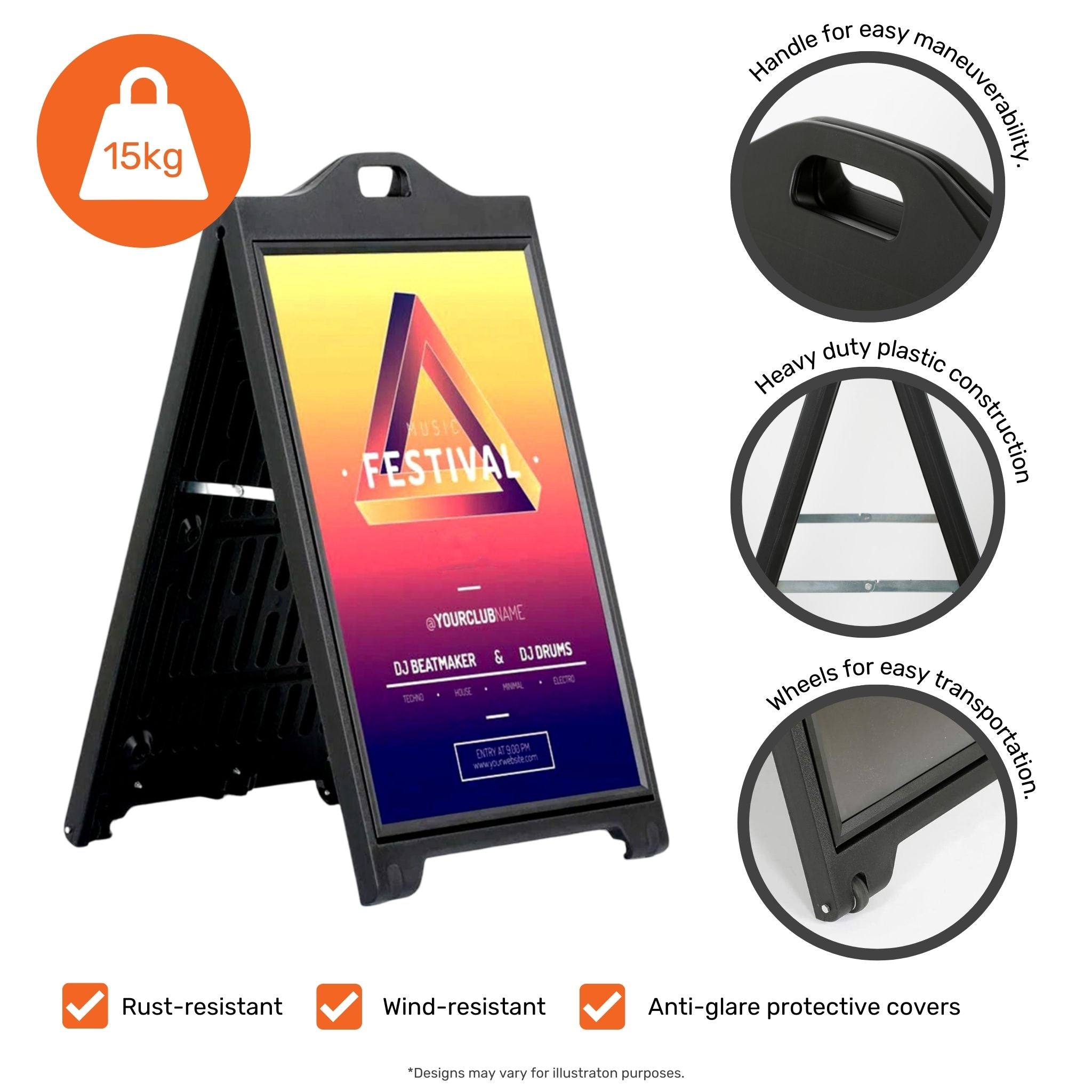 Sturdy A1 black A-board sign, weather-resistant and double-sided, ideal for outdoor poster displays.