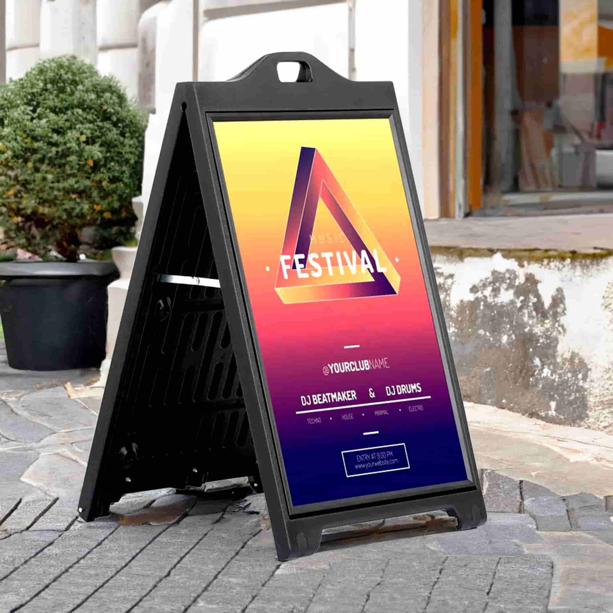 A1 black weather-resistant A-board pavement sign with double-sided poster display and heavy-duty design.
