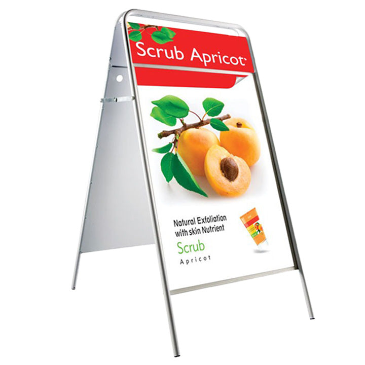 A sturdy A1 iron A-board sign in white, featuring a display header for added branding, perfect for outdoor advertising, retail promotions, and event signage.
