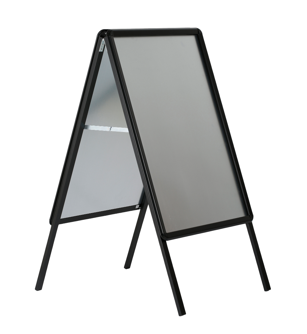 Durable A2 black A-frame pavement sign with double-sided poster display, perfect for advertising and wayfinding.
