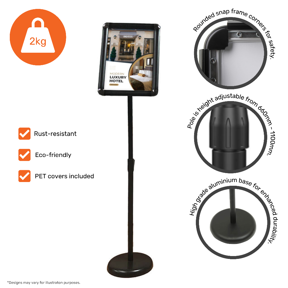 Freestanding black sign holder for A3 posters, featuring an adjustable stand for versatile display options.
