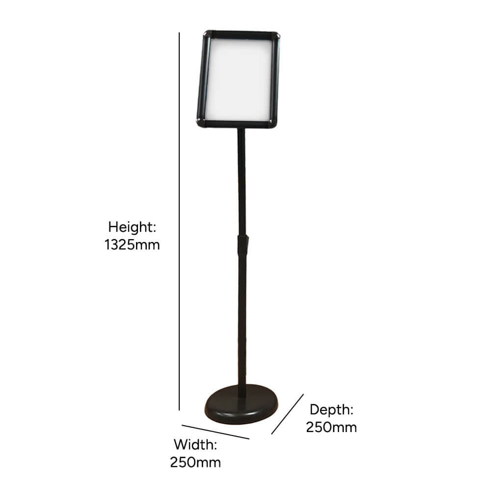 Durable floor-standing adjustable sign holder in black, designed to fit A3 signs for professional presentations.
