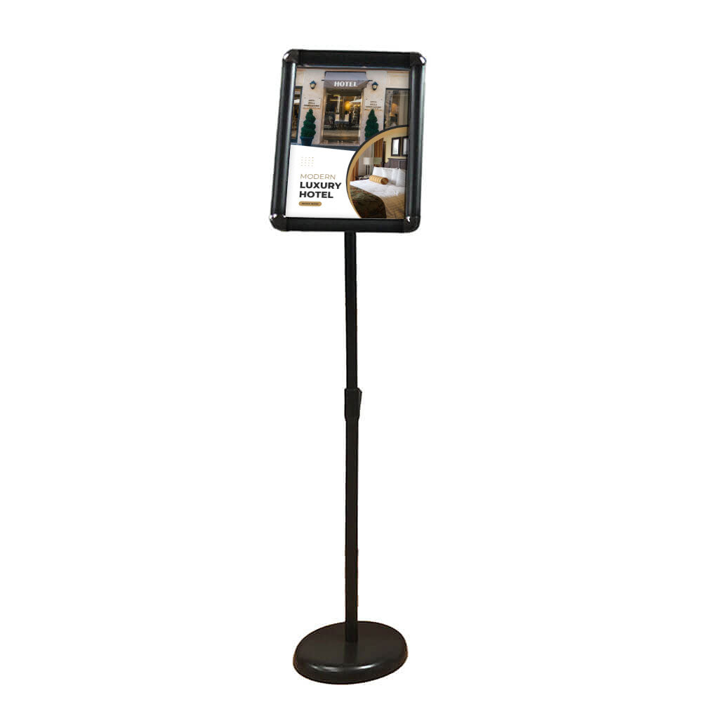 Sleek black A3 sign holder with an adjustable height, perfect for retail, events, and hospitality use.
