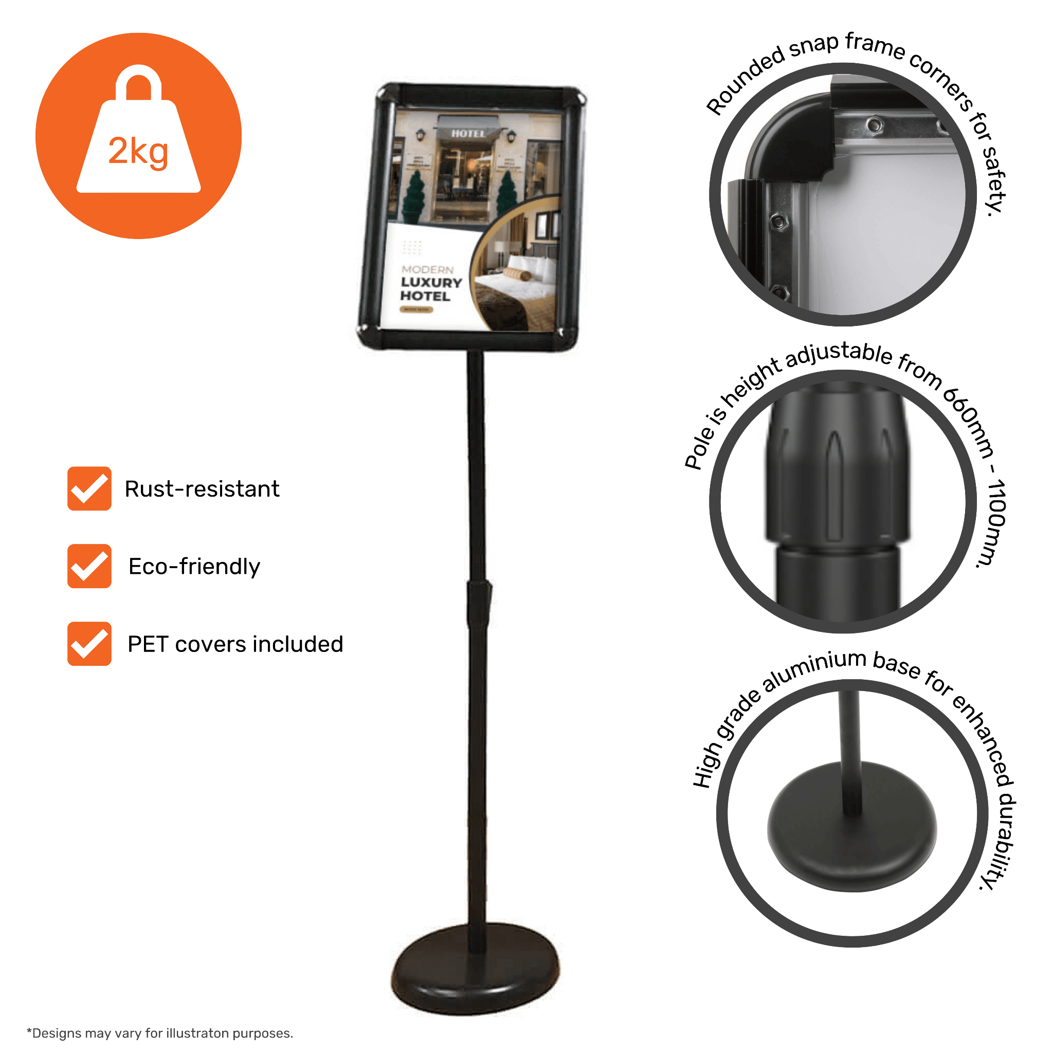 Modern A4 black floor-standing sign stand with an adjustable frame for easy positioning.
