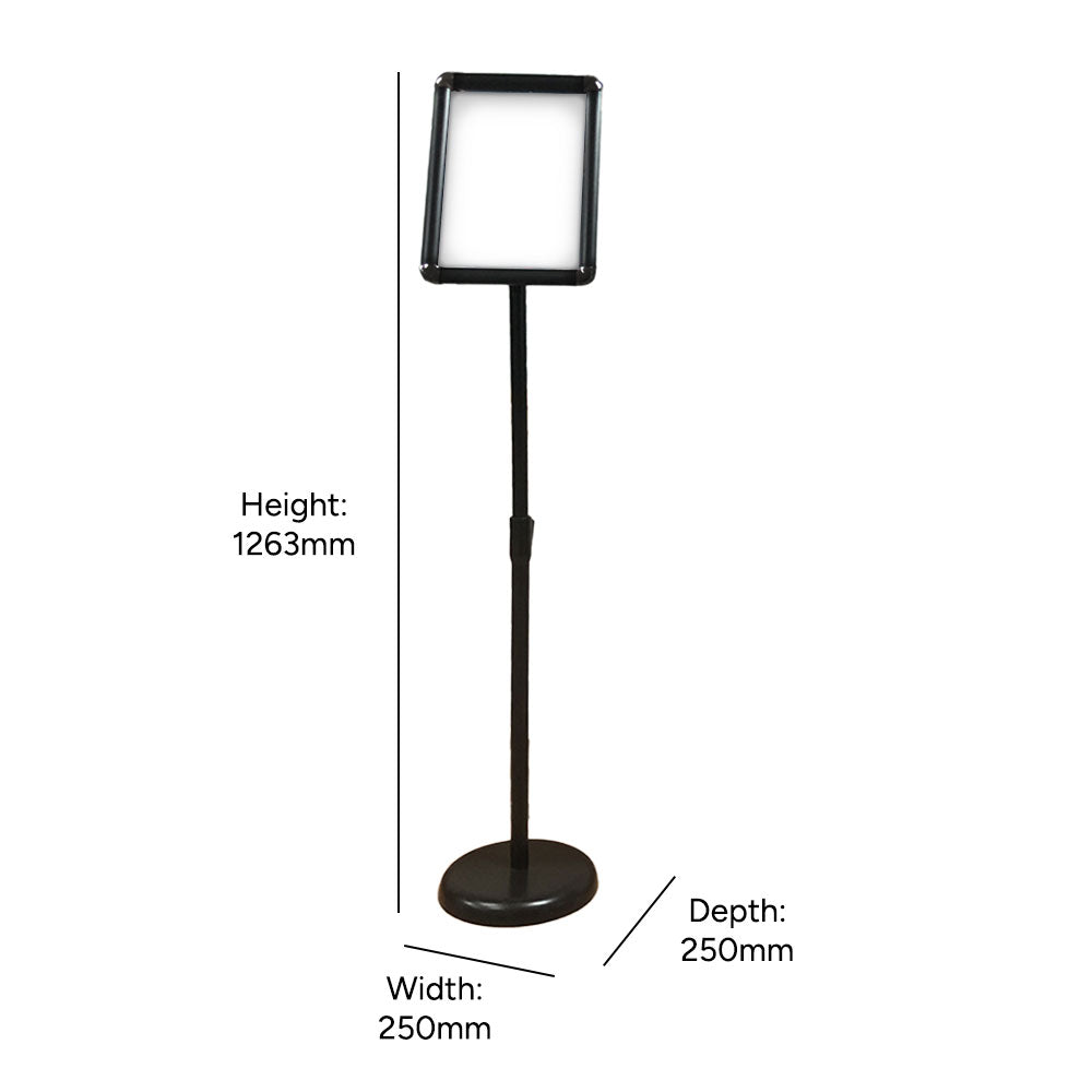 Durable black A4 sign holder with an adjustable stand, perfect for floor display.
