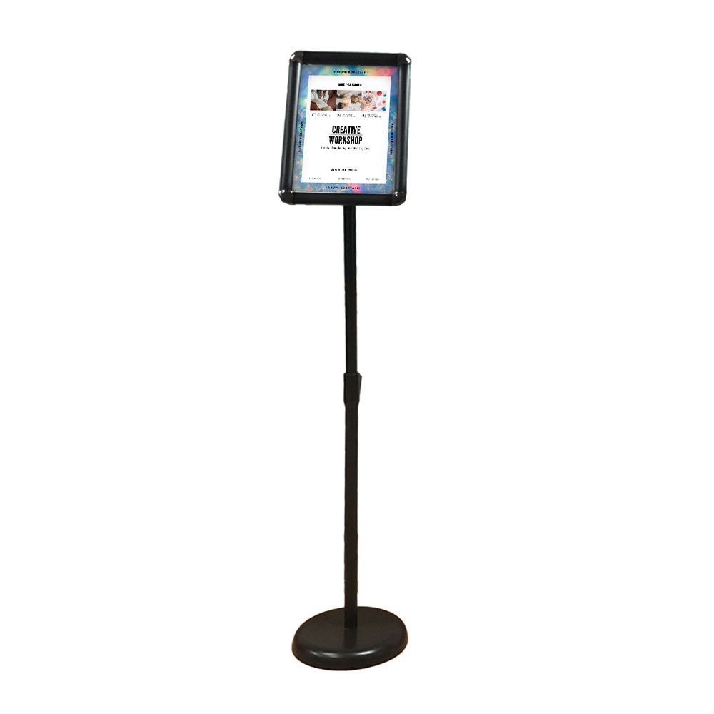 A4 Black Floor Standing Adjustable Sign Sleek black A4 sign holder with a sturdy floor-standing design and adjustable viewing angle.
