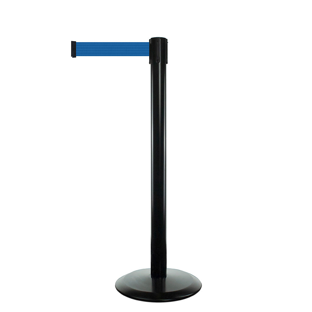 Professional black barrier post featuring a 2.3m retractable blue belt, perfect for organising queues and restricted areas.
