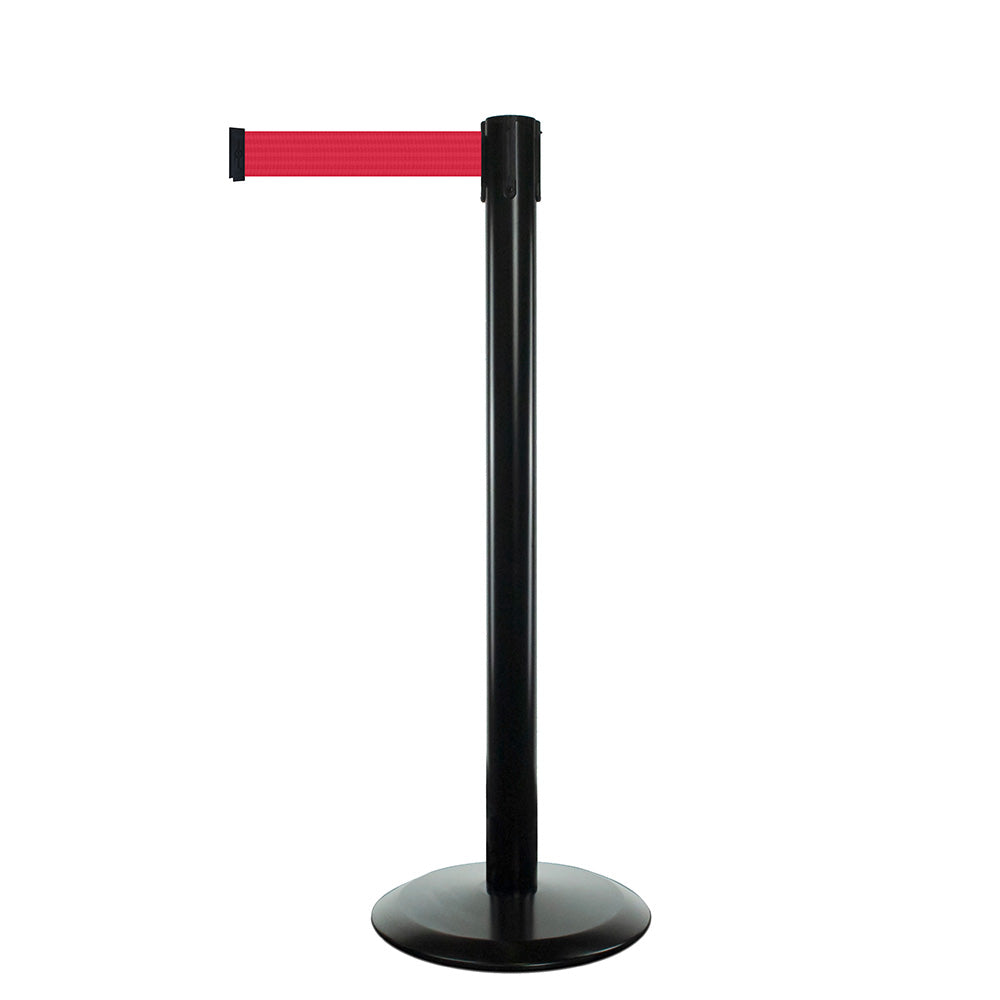 Durable black safety barrier post with a 2.3m red retractable belt, designed for crowd control and security.