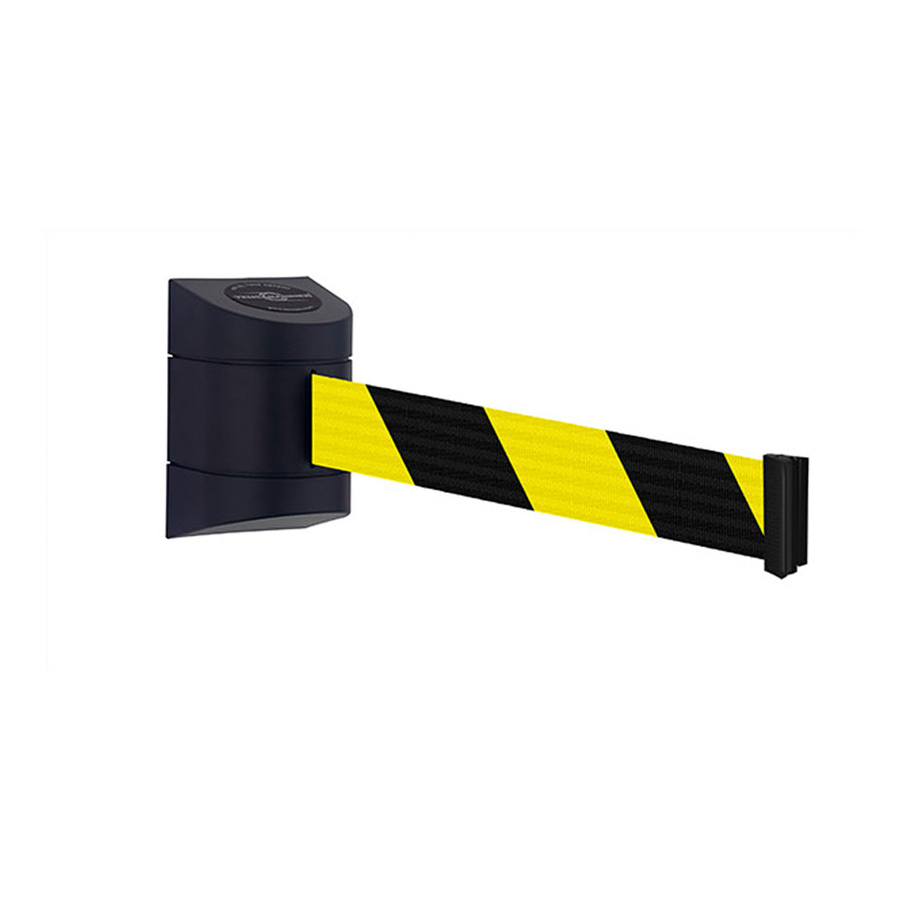 Advance black wall-mounted retractable barrier with a 4.6m yellow and black belt, ideal for safety and crowd control.
