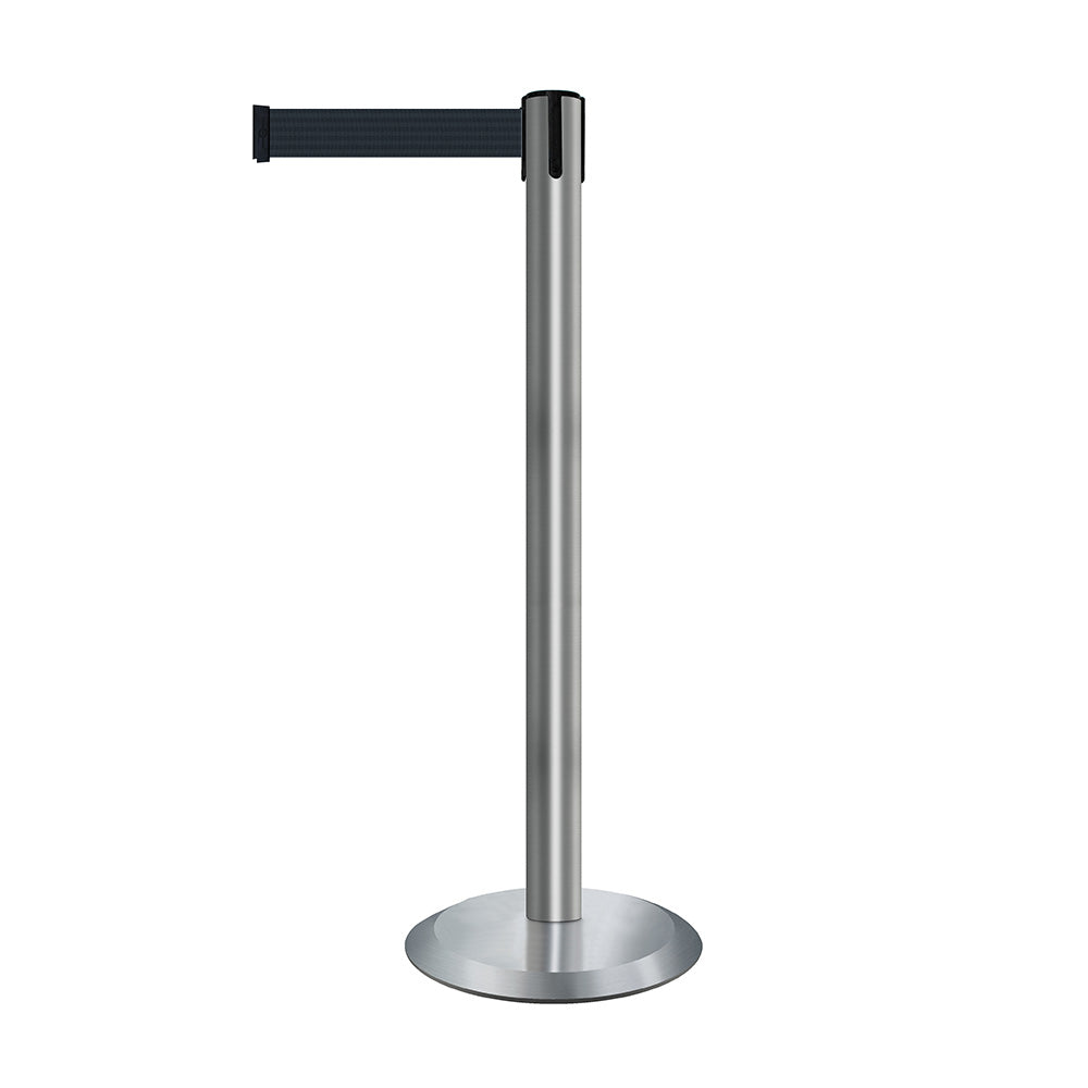 Sleek chrome safety post with a 2.3m retractable black belt, designed for effective traffic management and crowd control.
