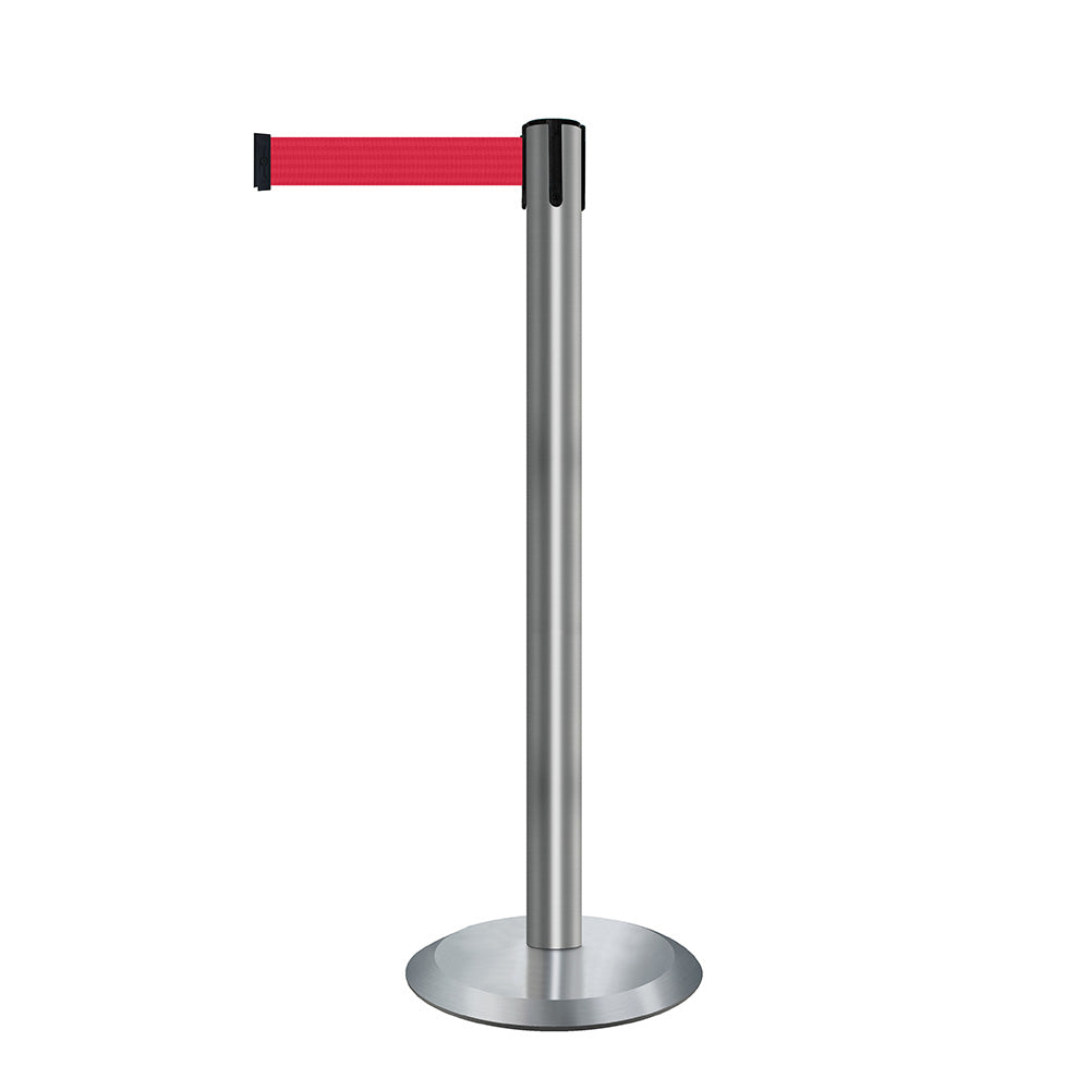 Advance stainless steel barrier post with a 2.3m retractable red belt, ideal for queue management and restricted access.
