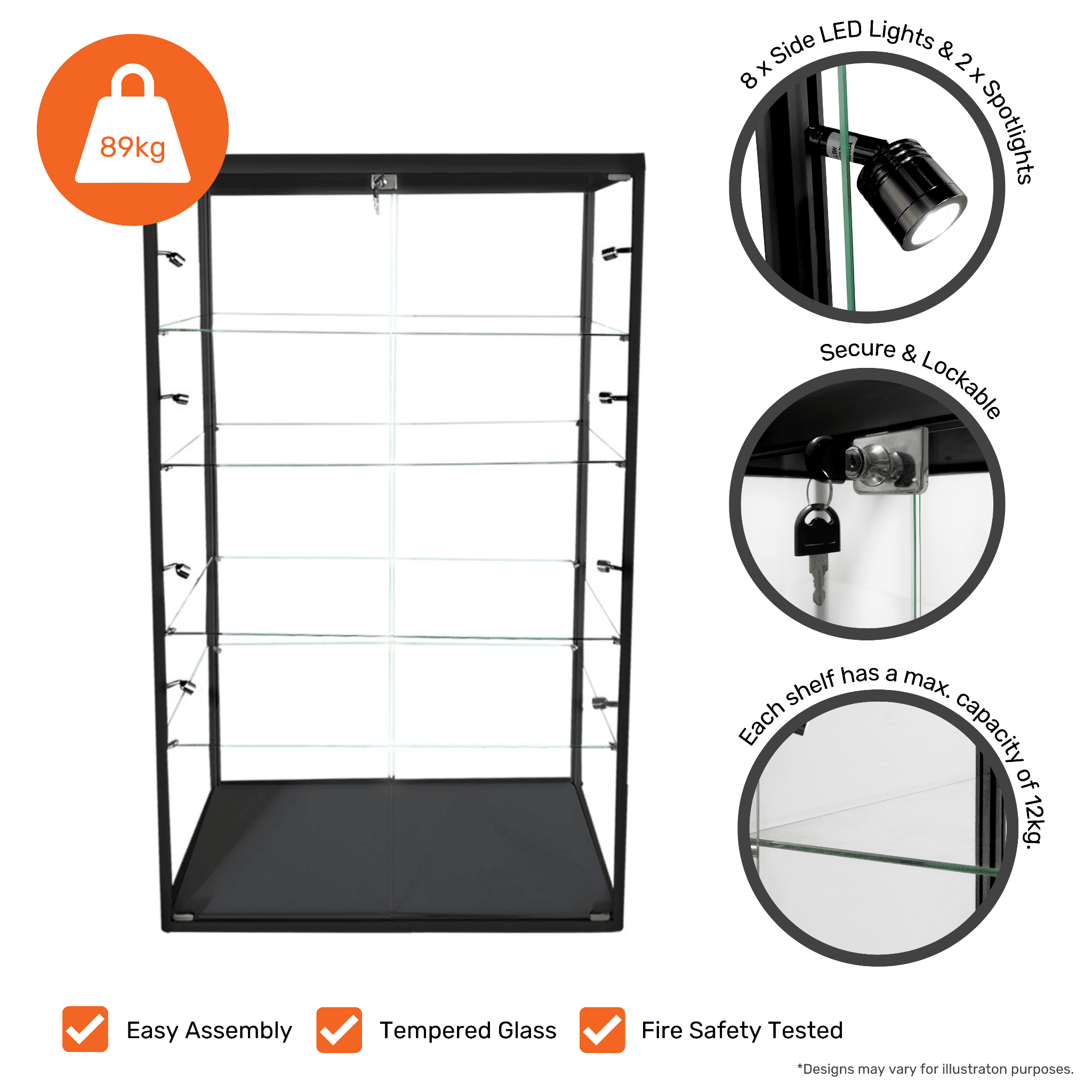 1800mm x 1200mm lockable display cabinet with glass panels, 4 adjustable shelves, and 10 built-in LED lights for enhanced visibility.
