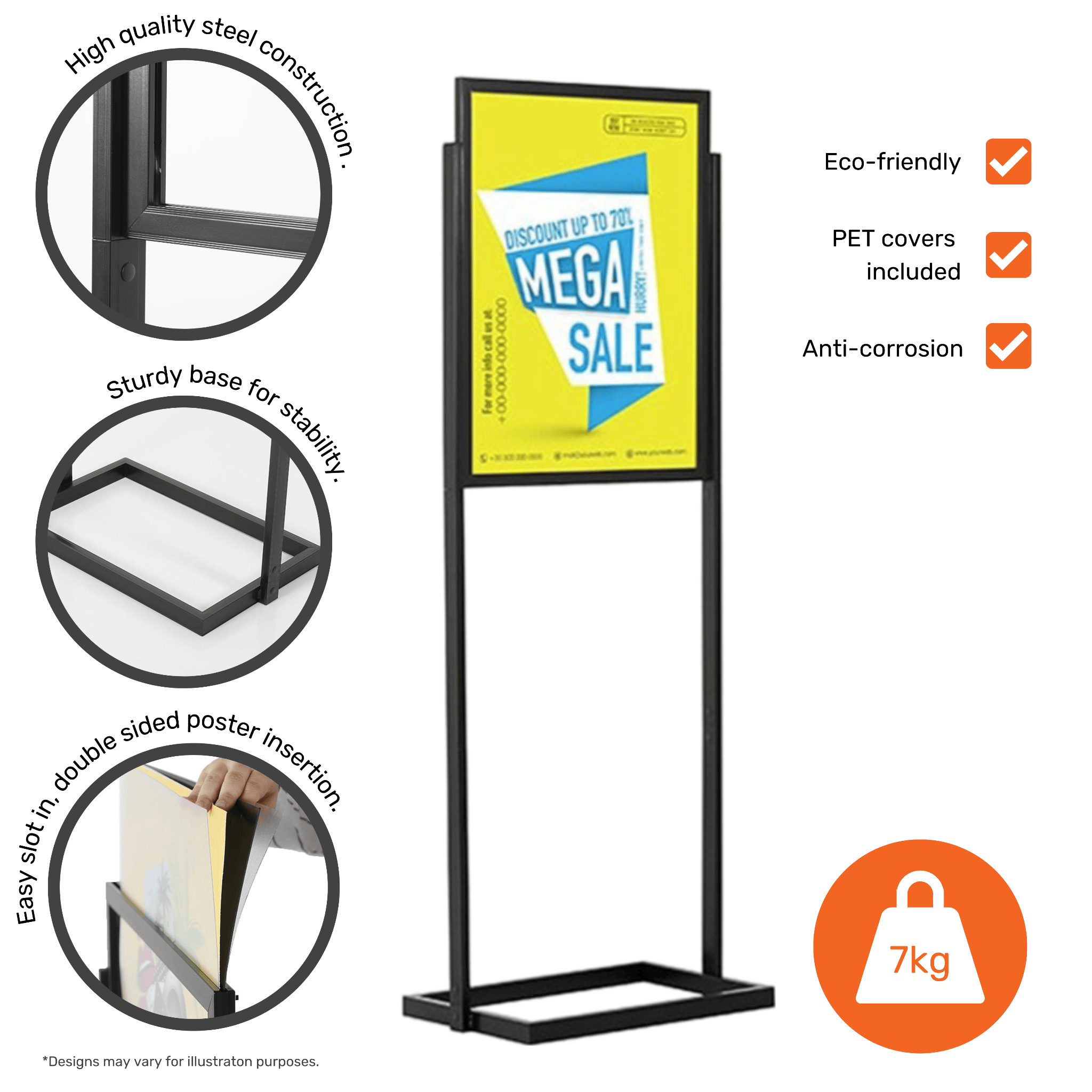 Sturdy A1 black steel floor-standing info-board with a single-tier double-sided design, perfect for poster displays.
