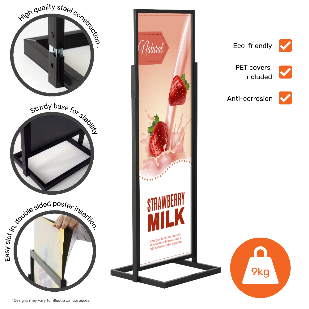 Durable floor-standing info-board in black steel, double-sided design, and 1700mm x 500mm dimensions for poster displays.
