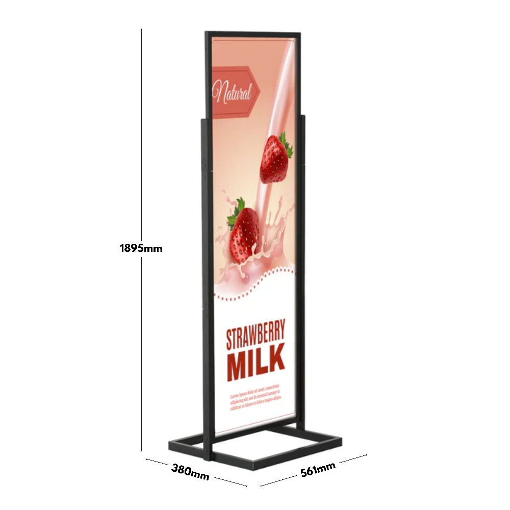 Freestanding black steel poster stand, double-sided with a 1700mm x 500mm display area, perfect for public information boards.
