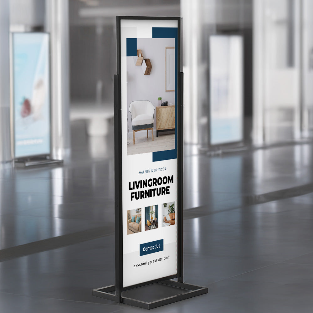 Black double-sided floor-standing steel info-board, measuring 1700mm x 500mm, ideal for displaying posters and notices.
