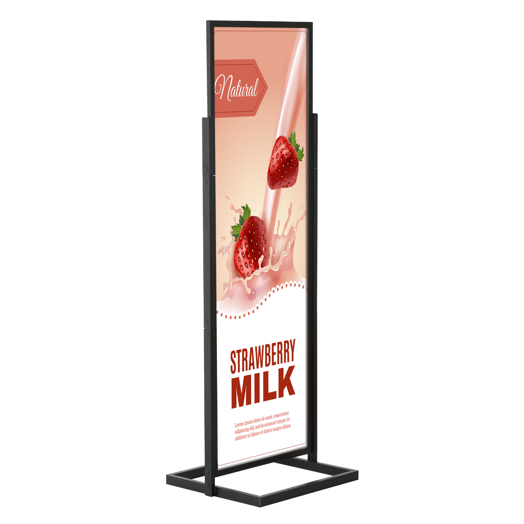 Sturdy black steel poster display stand, double-sided and floor-standing, with a 1700mm x 500mm frame for professional presentations.
